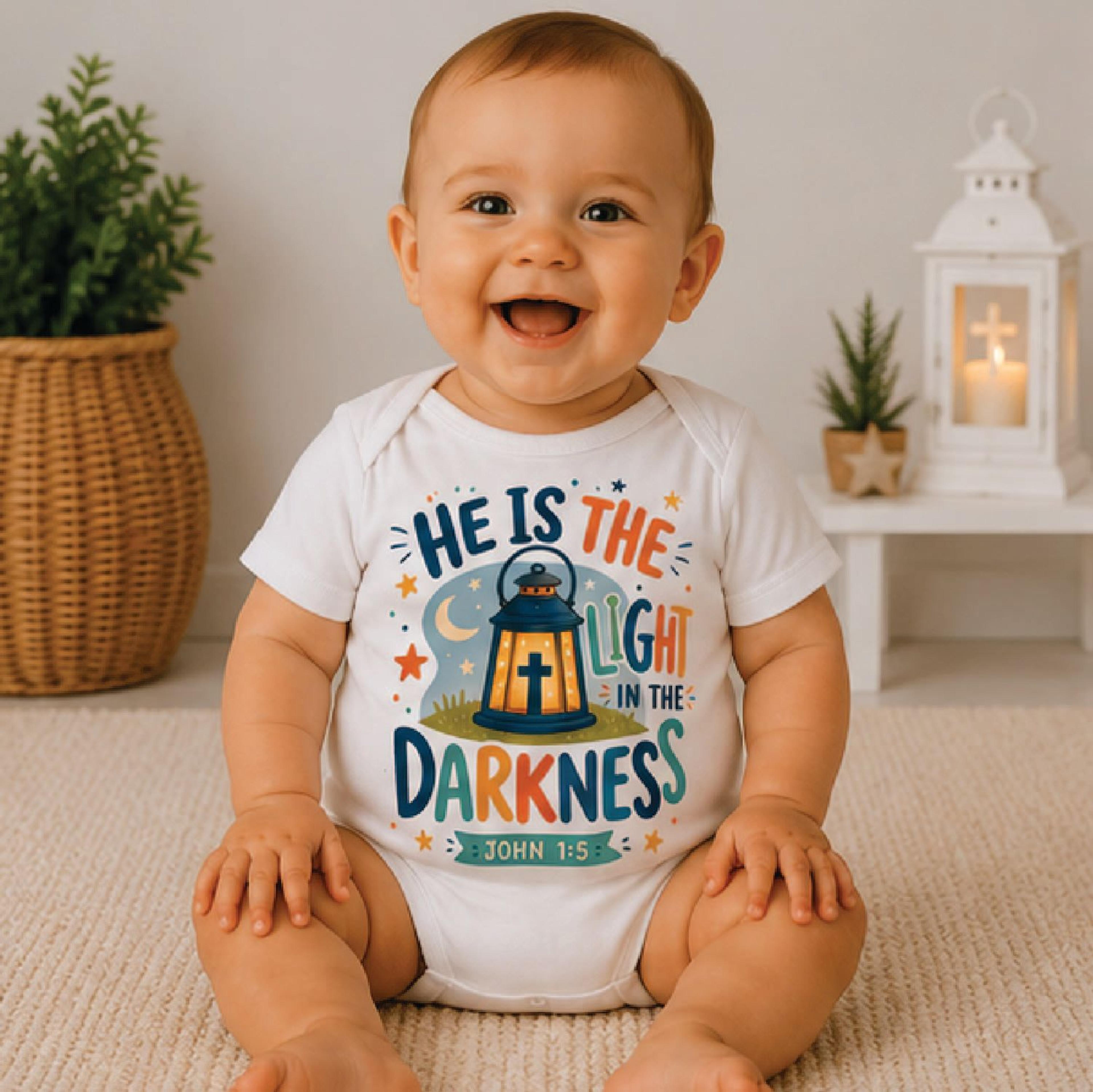 he is the light in the darkness toddler shirt, christian kids tee, john 1:5 bible verse shirt, faith gift for kids