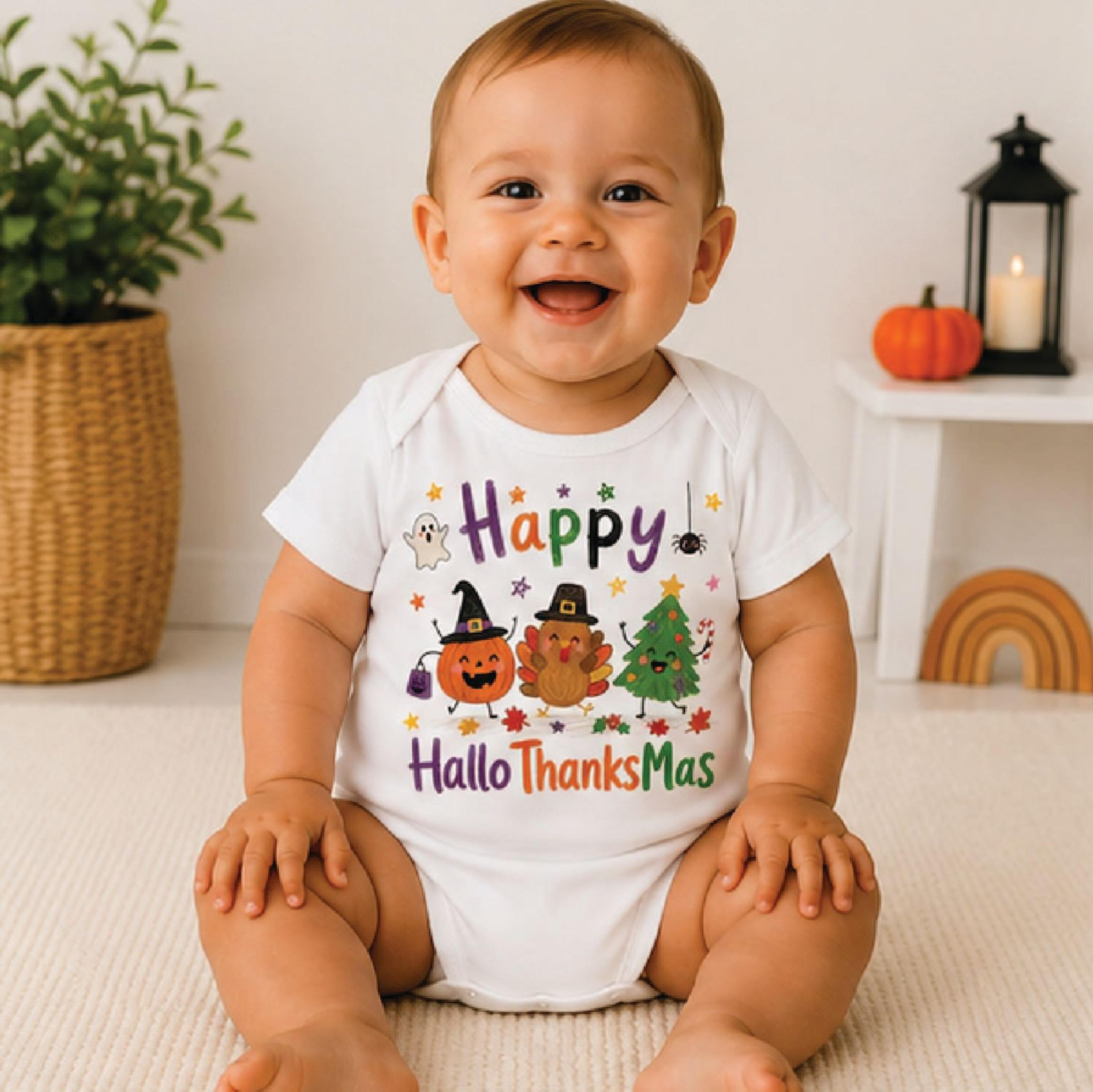 happy hallo thanksmas kids shirt, halloween thanksgiving christmas toddler tee, cute holiday fall winter kids outfit
