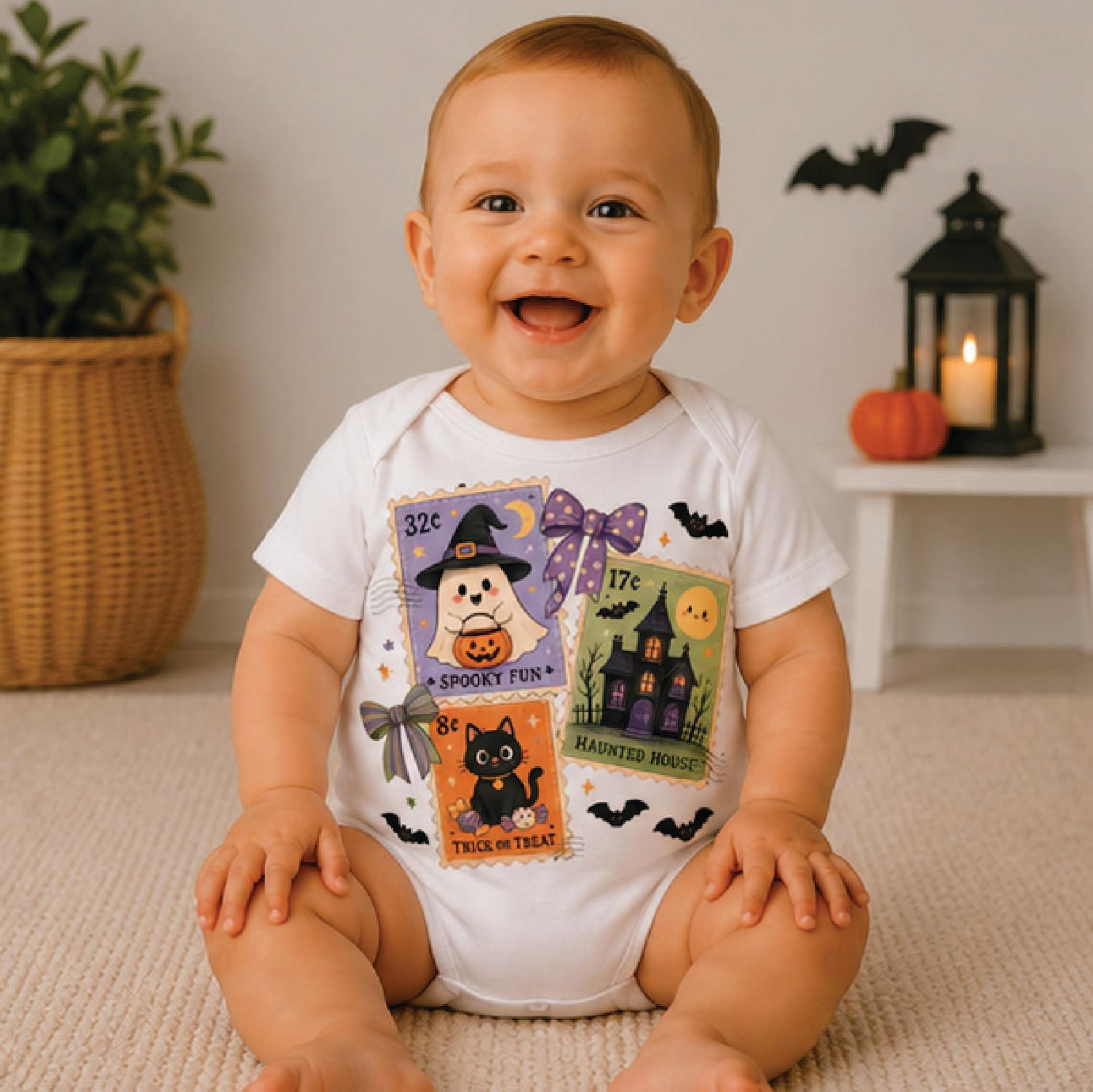 halloween stamps toddler shirt, ghost cat haunted house kids tee, spooky halloween baby bodysuit, trick or treat outfit