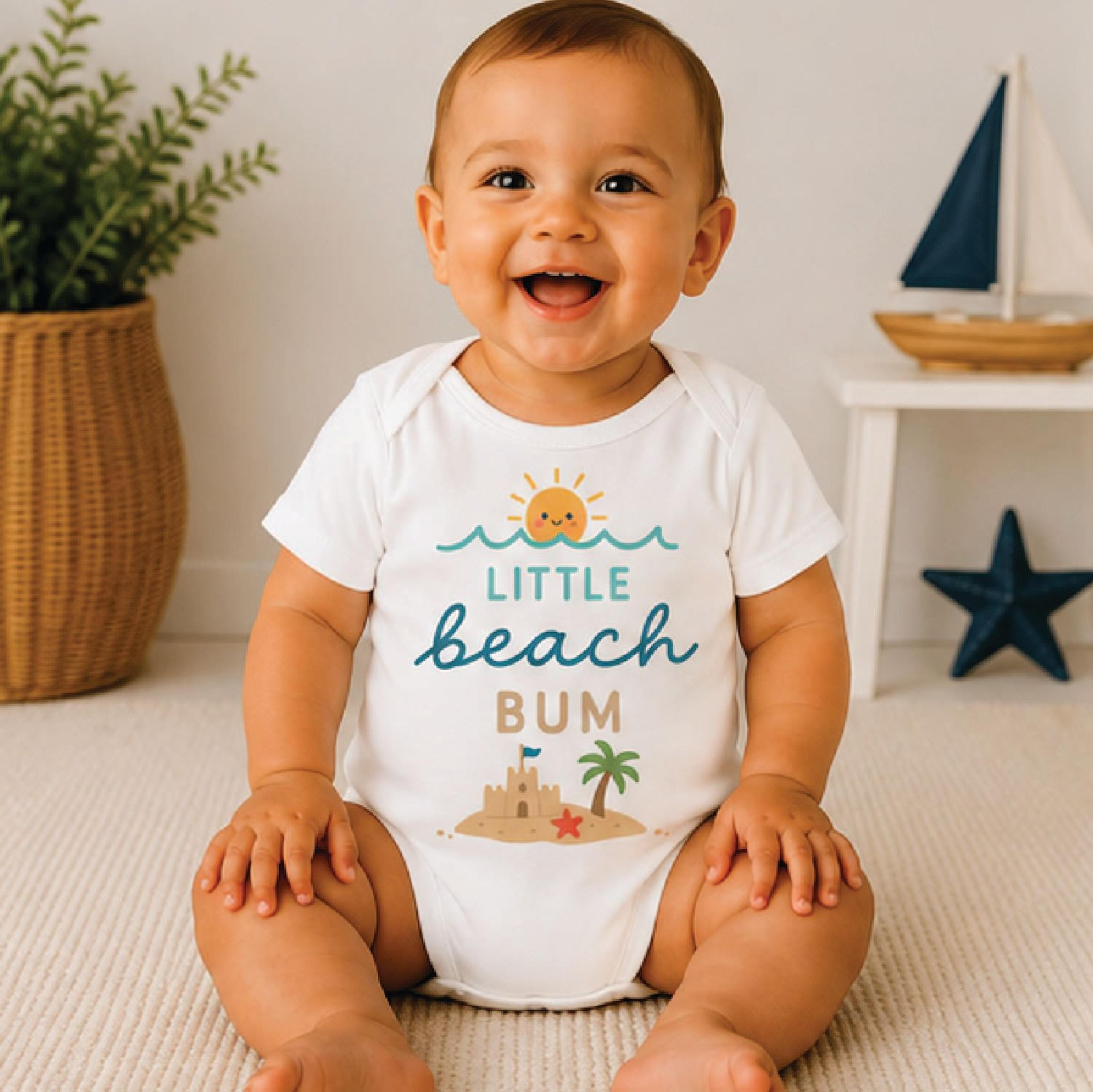 little beach bum baby bodysuit, cute summer beach onesie, sandcastle newborn outfit, tropical baby shower gift