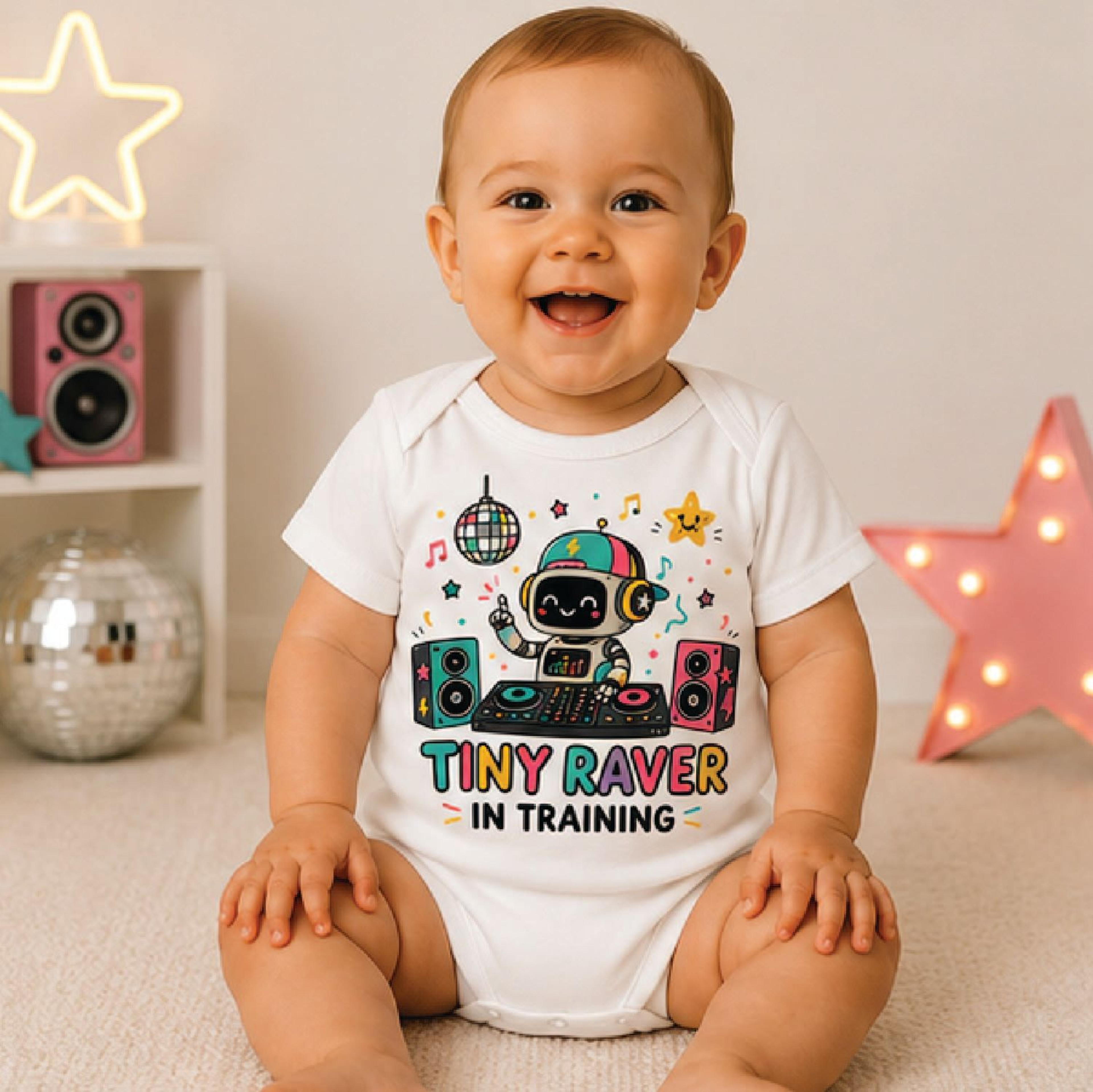 tiny raver in training baby bodysuit, edm baby onesie, music festival newborn outfit, rave baby shower gift