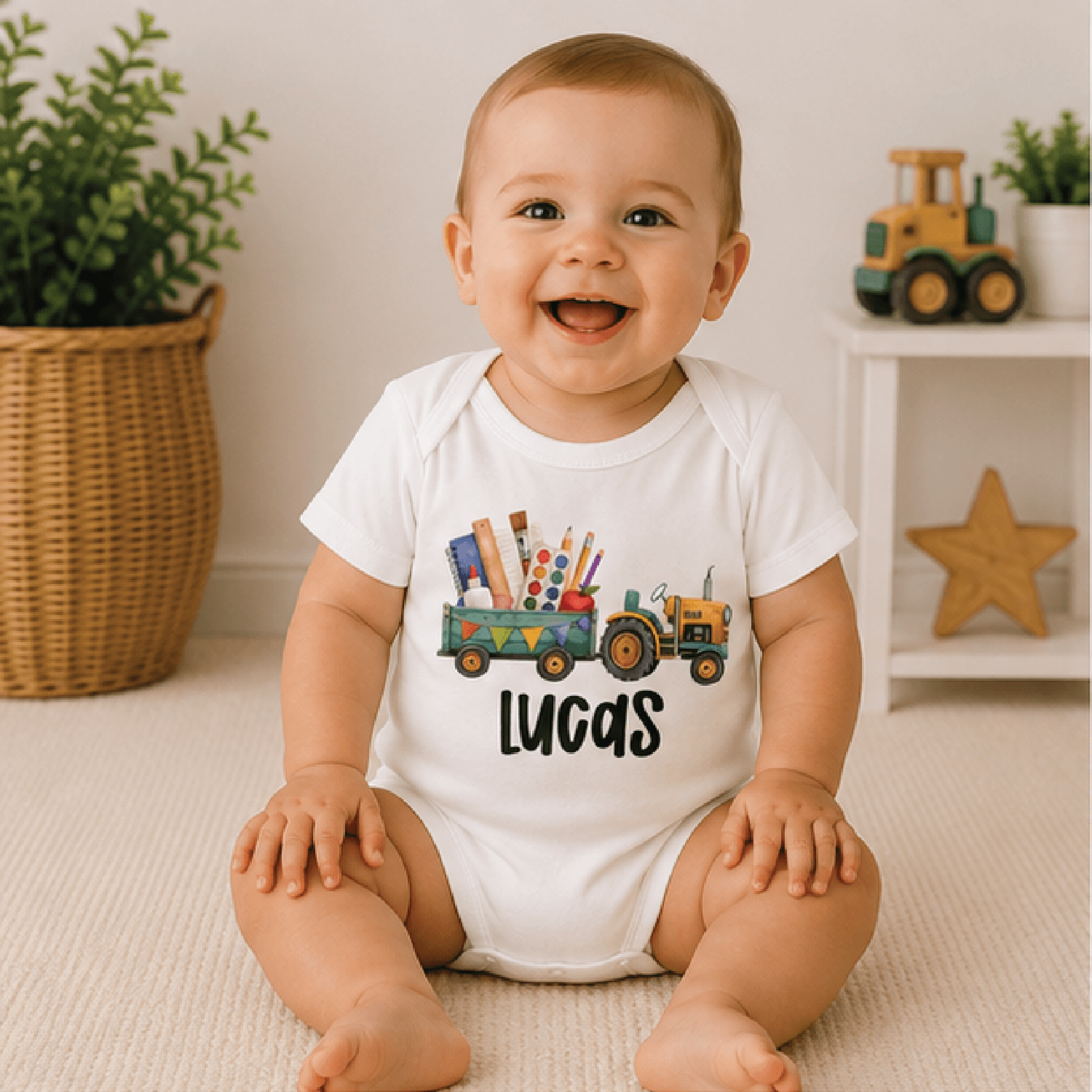 personalized tractor school shirt, custom name back to school toddler tee, first day farm kids shirt, tractor school gif