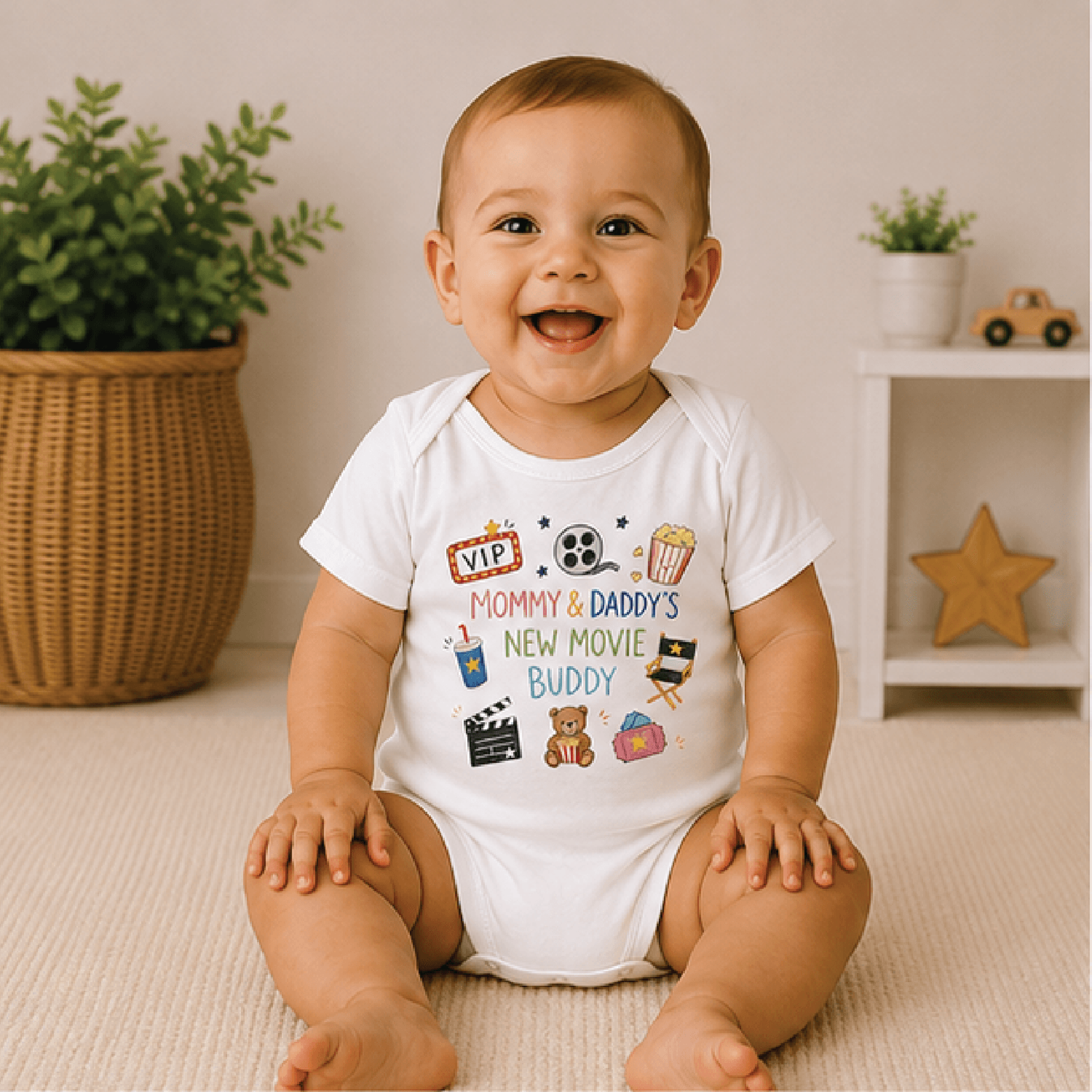 mommy and daddy's new movie buddy baby bodysuit, movie baby onesie, film lover newborn outfit, baby shower gift