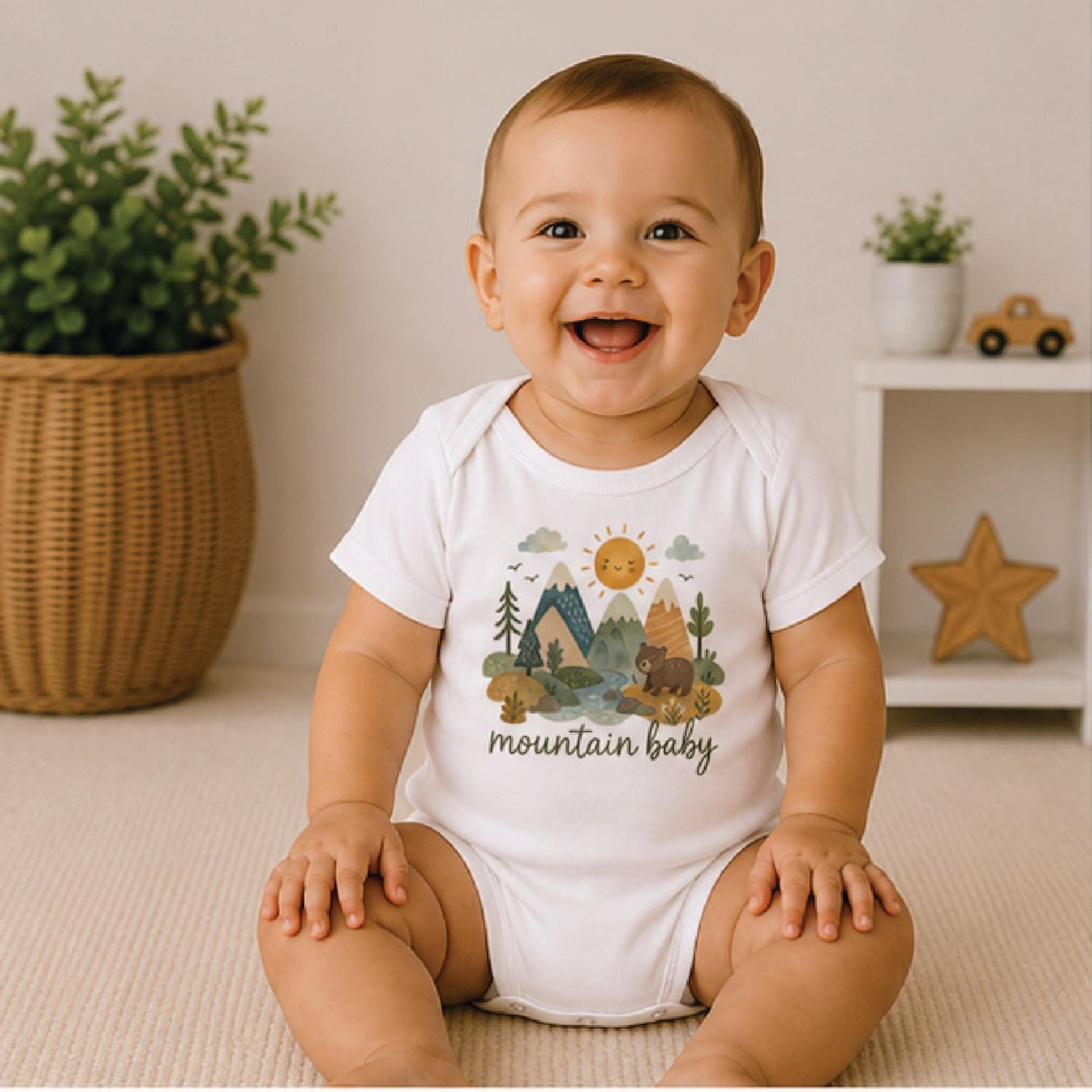 mountain baby bodysuit, woodland bear baby onesie, adventure newborn outfit, outdoor nature baby shower gift