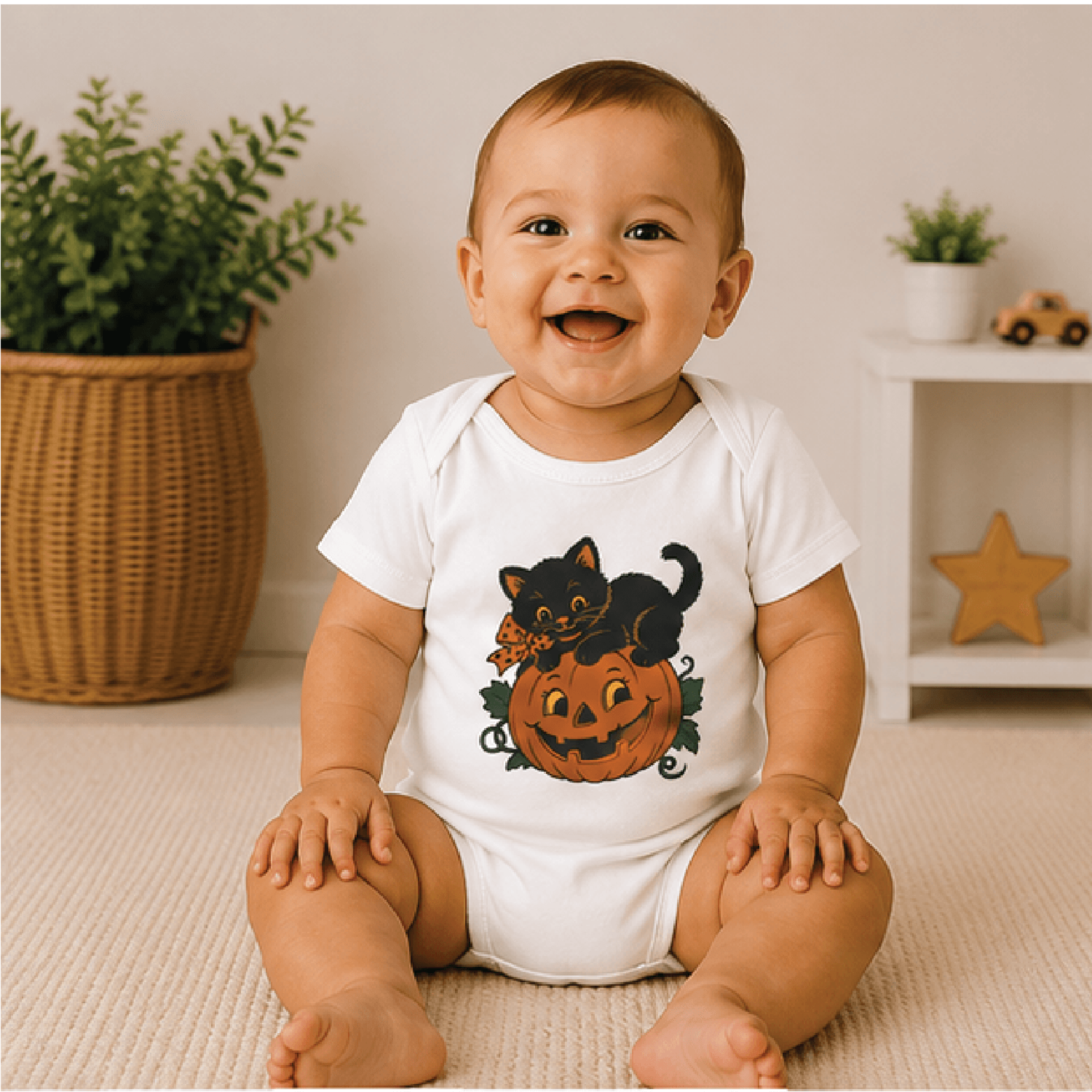 vintage black cat pumpkin baby bodysuit, retro halloween baby onesie, spooky cat newborn outfit, halloween baby gift