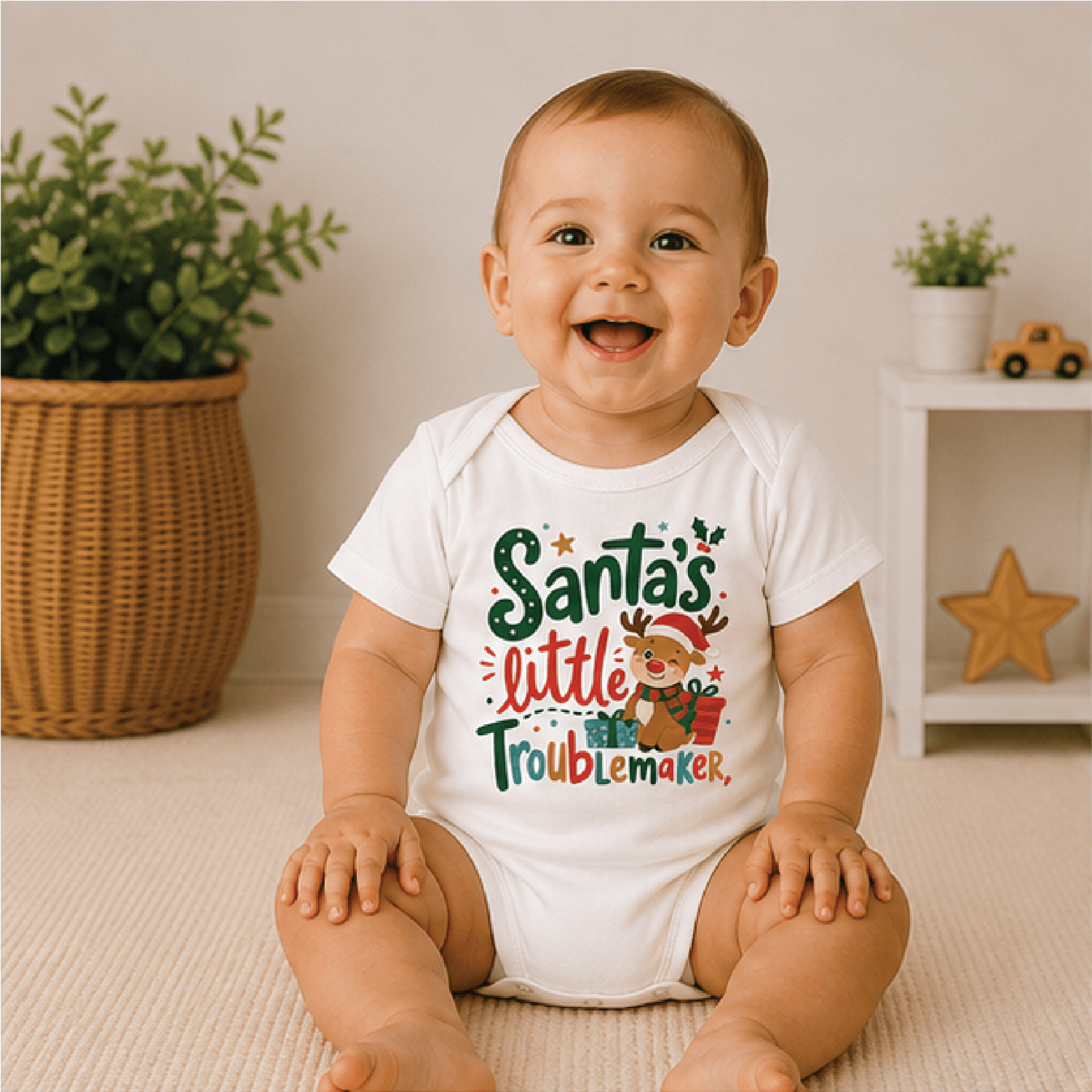 santa's little troublemaker baby bodysuit, funny christmas baby onesie, cute holiday newborn outfit, baby christmas gift