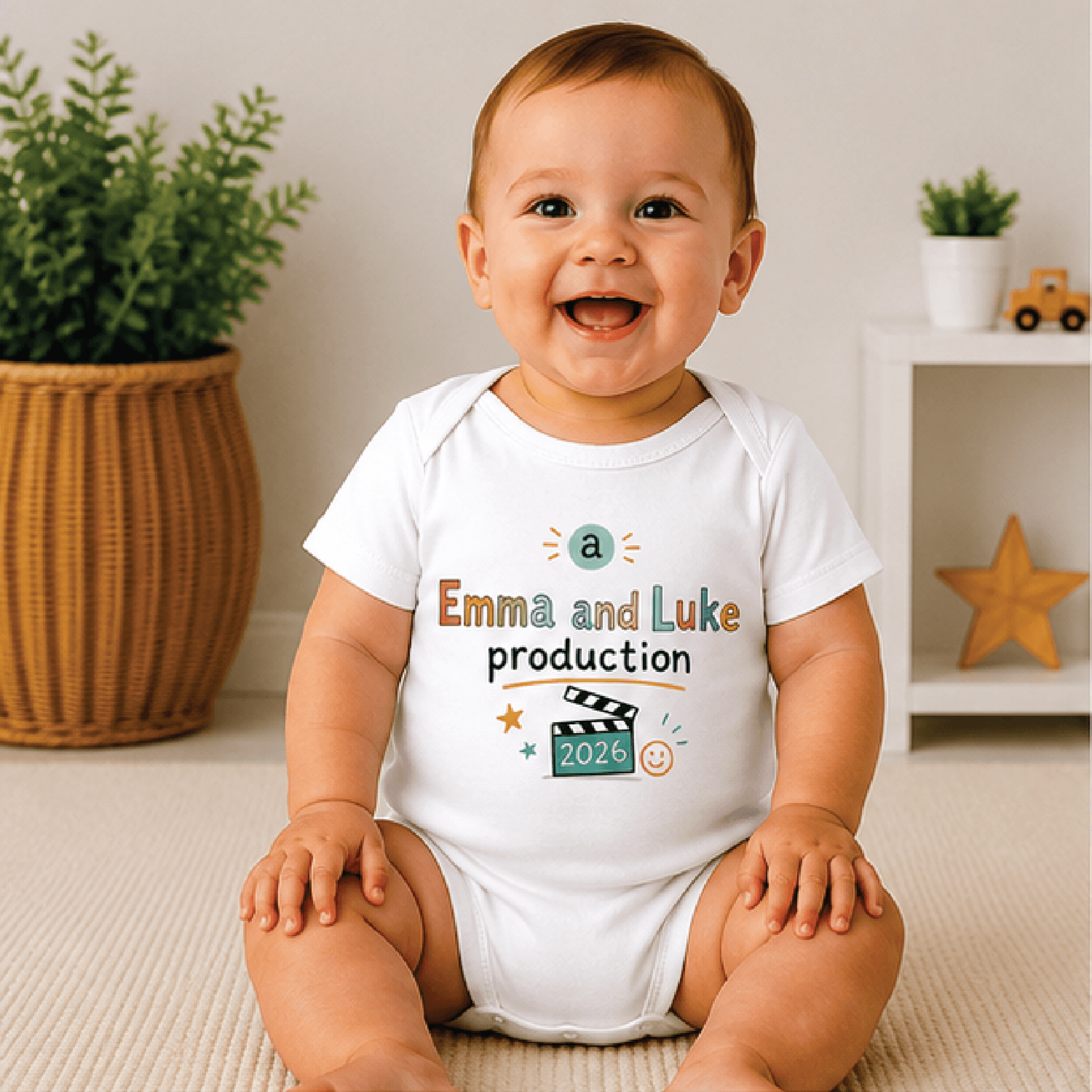 custom parent names movie baby bodysuit, personalized new movie buddy onesie, cinema newborn outfit, baby shower gift