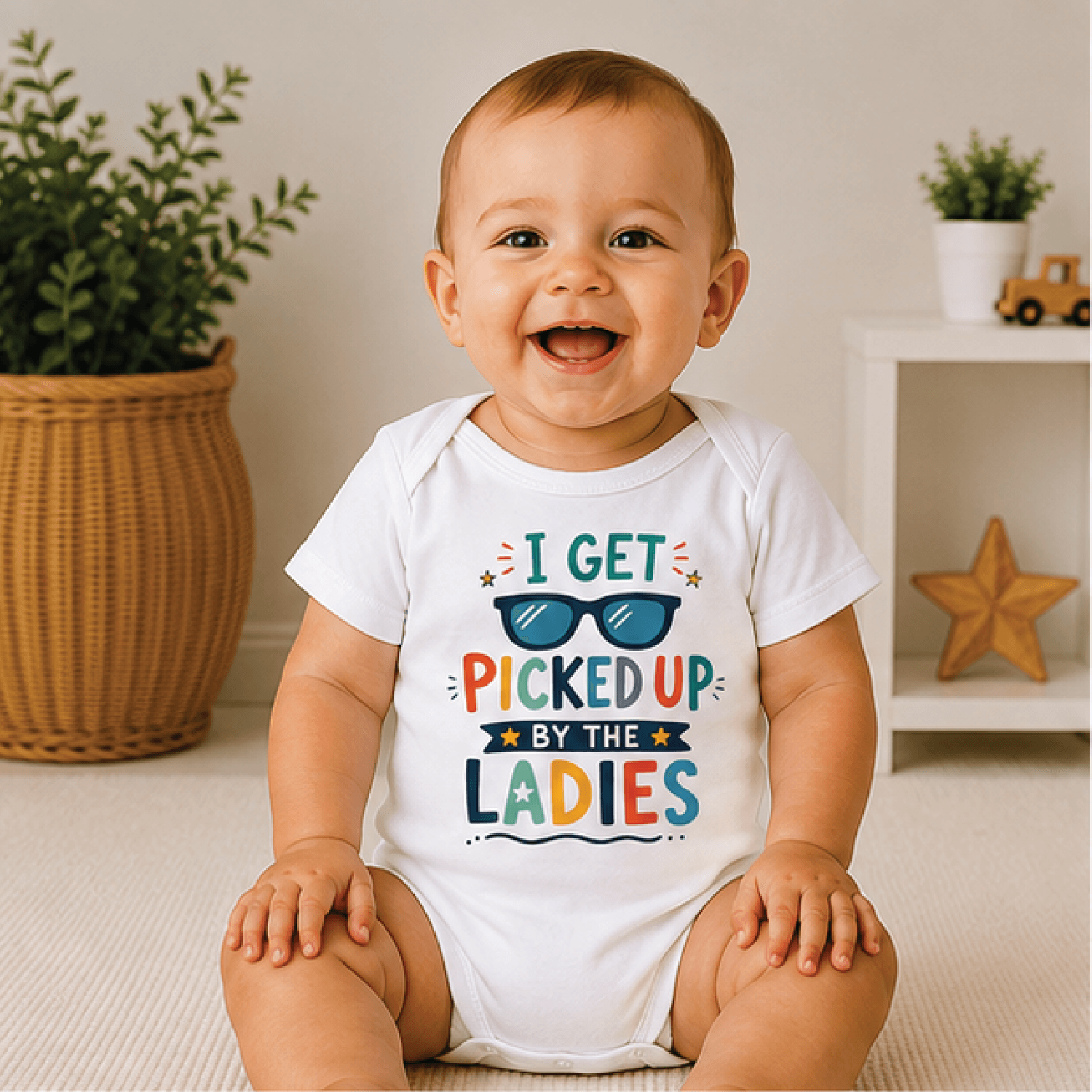 i get picked up by the ladies baby bodysuit, funny sunglasses baby onesie, cute baby boy outfit, baby shower gift