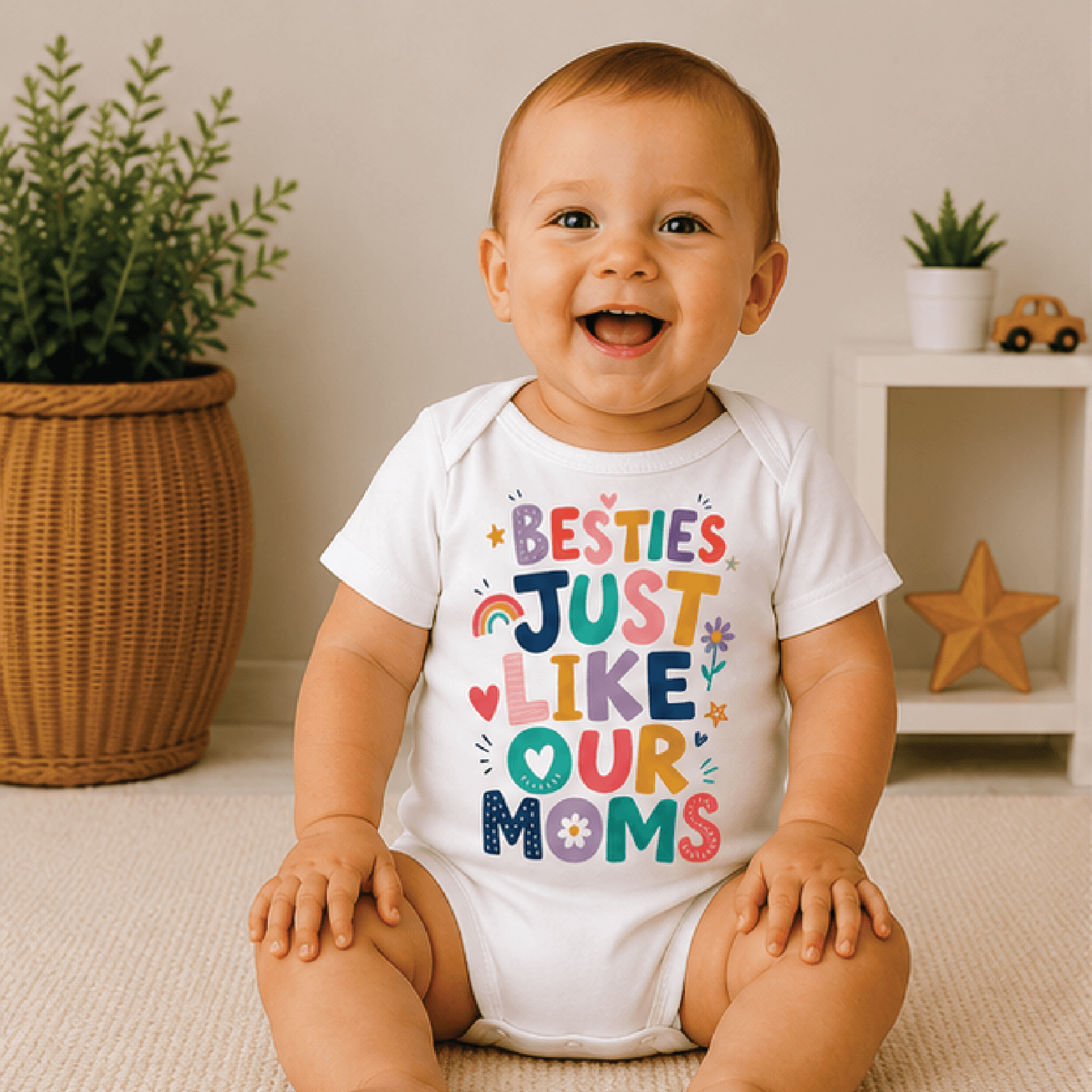besties just like our moms baby bodysuit, best friend baby onesie, matching newborn outfit, mom bestie baby shower gift