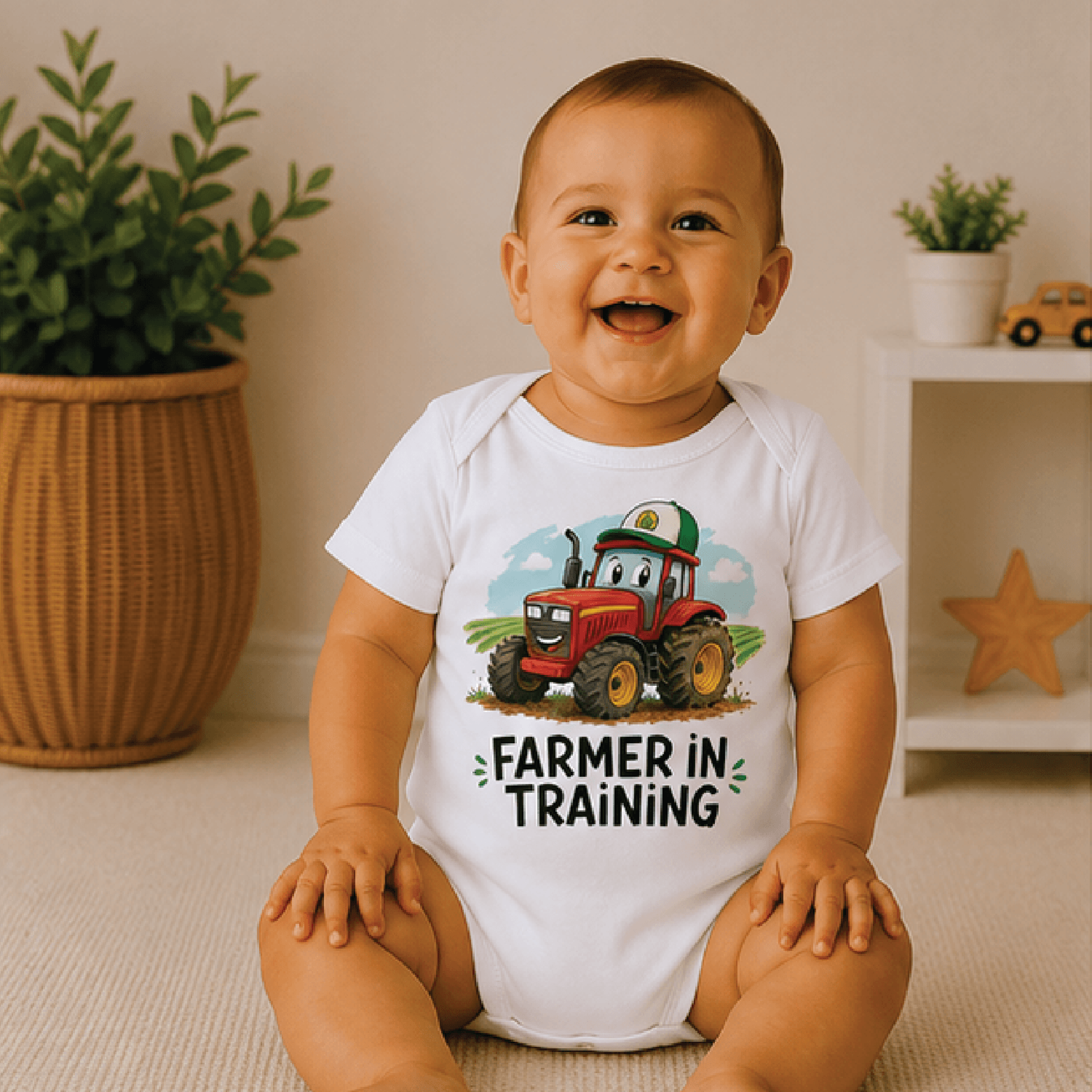 farmer in training baby bodysuit, cute farm baby onesie, tractor newborn outfit, country baby shower gift