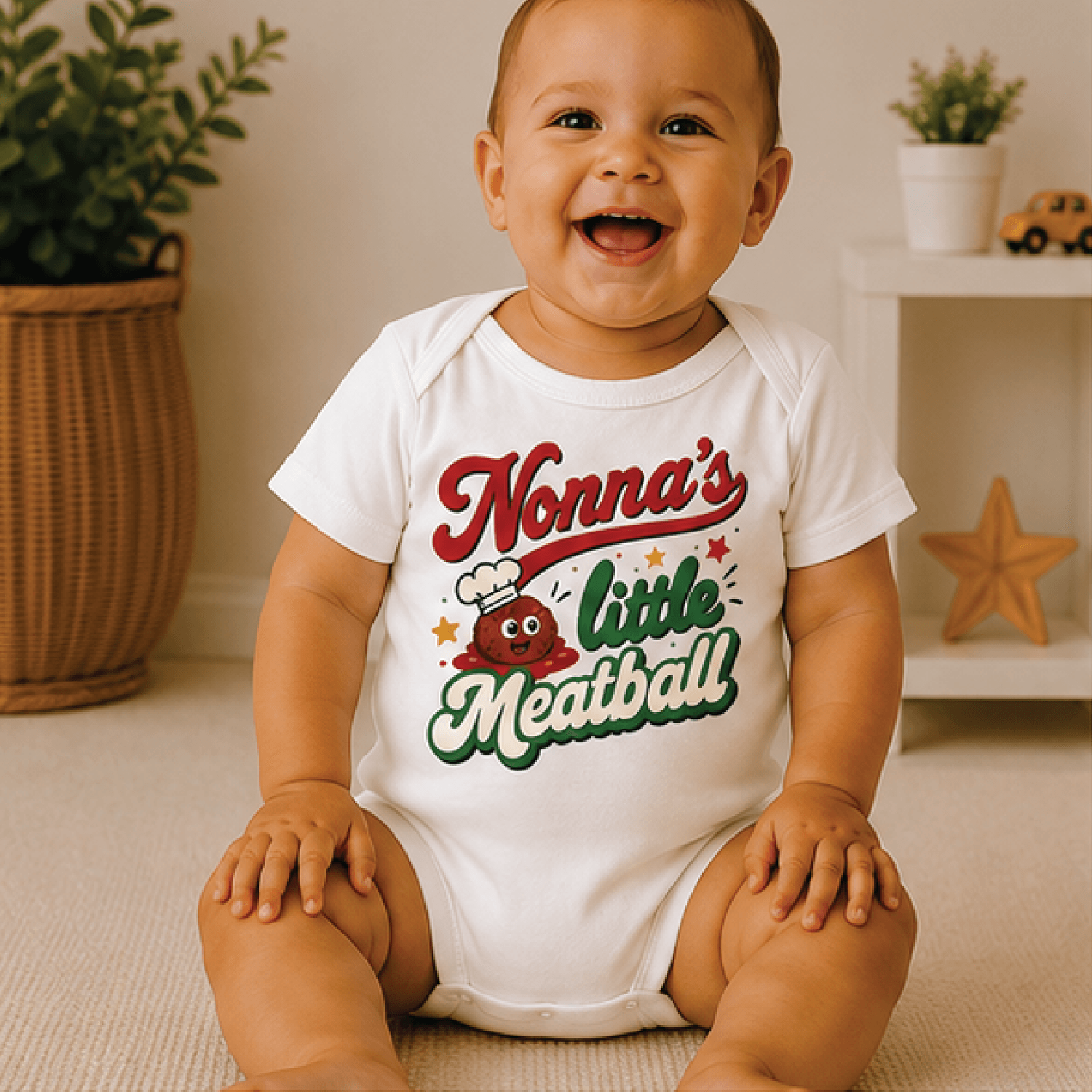 nonnas little meatball baby bodysuit, italian baby onesie, cute nonna grandbaby outfit, italian family baby shower gift