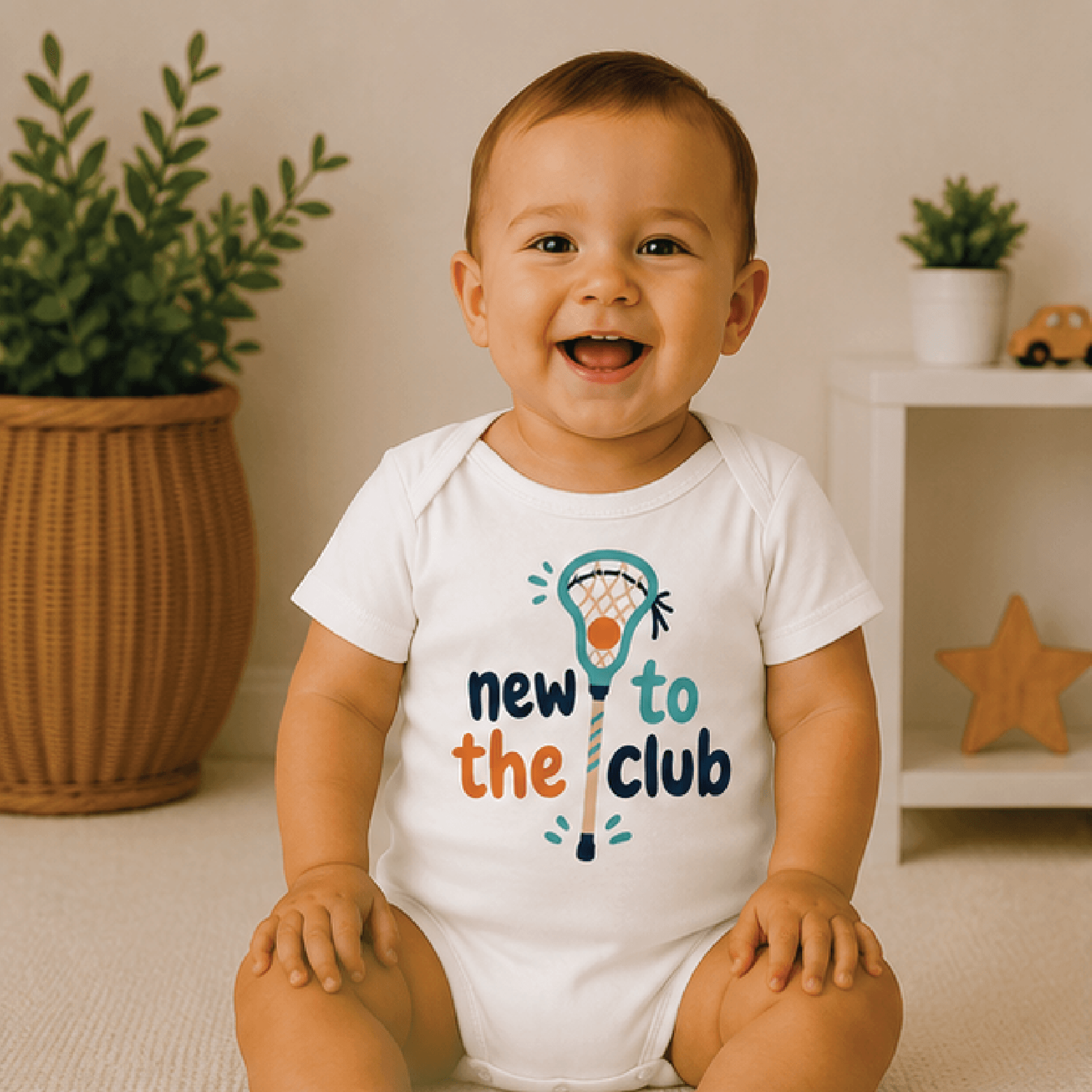 new to the club lacrosse baby bodysuit, lacrosse baby onesie, newborn sports outfit, lacrosse baby shower gift