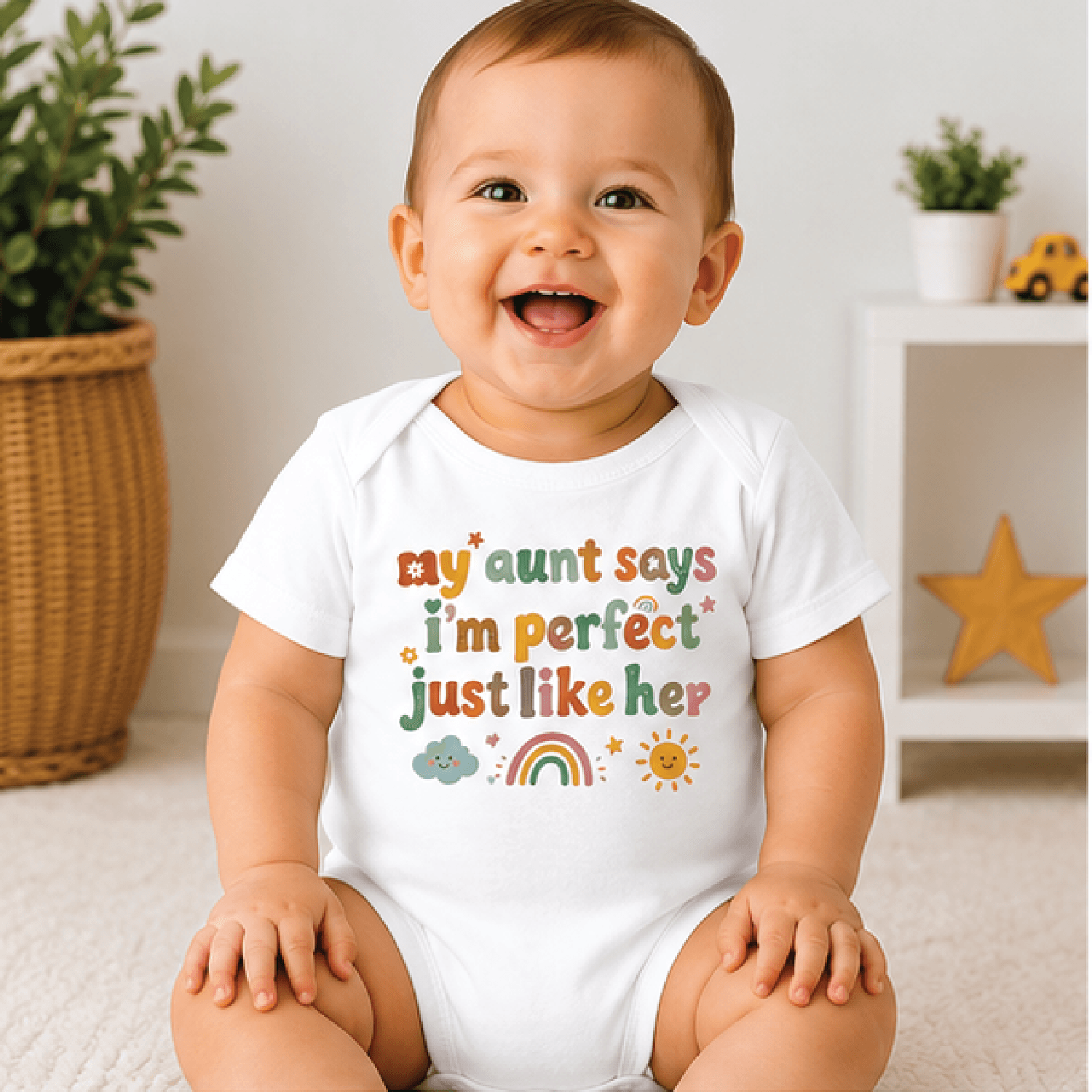 my aunt says im perfect baby bodysuit, funny auntie baby onesie, cute niece nephew outfit, new aunt baby shower gift
