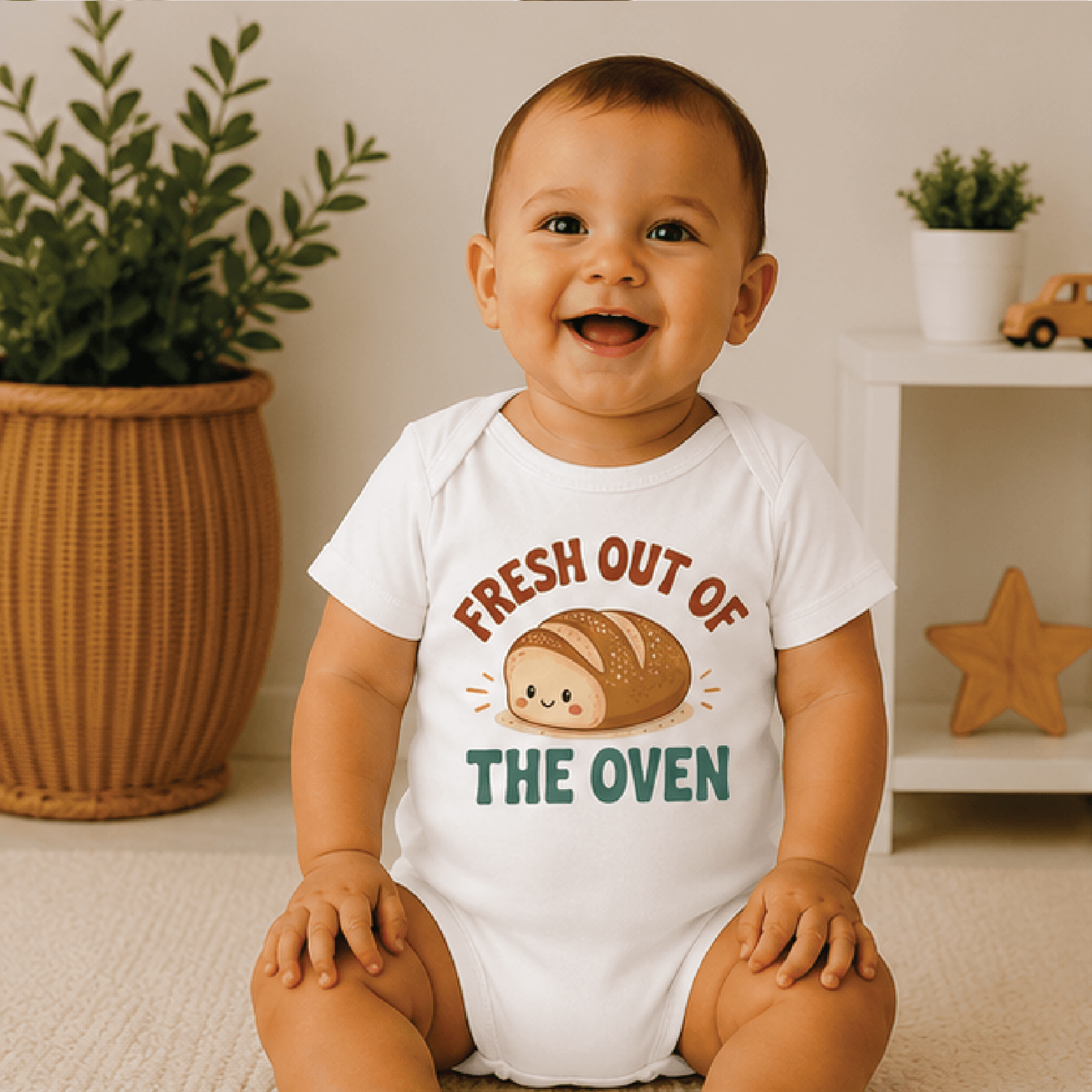 fresh out of the oven baby bodysuit, cute bakery baby onesie, funny newborn outfit, baking lover baby shower gift