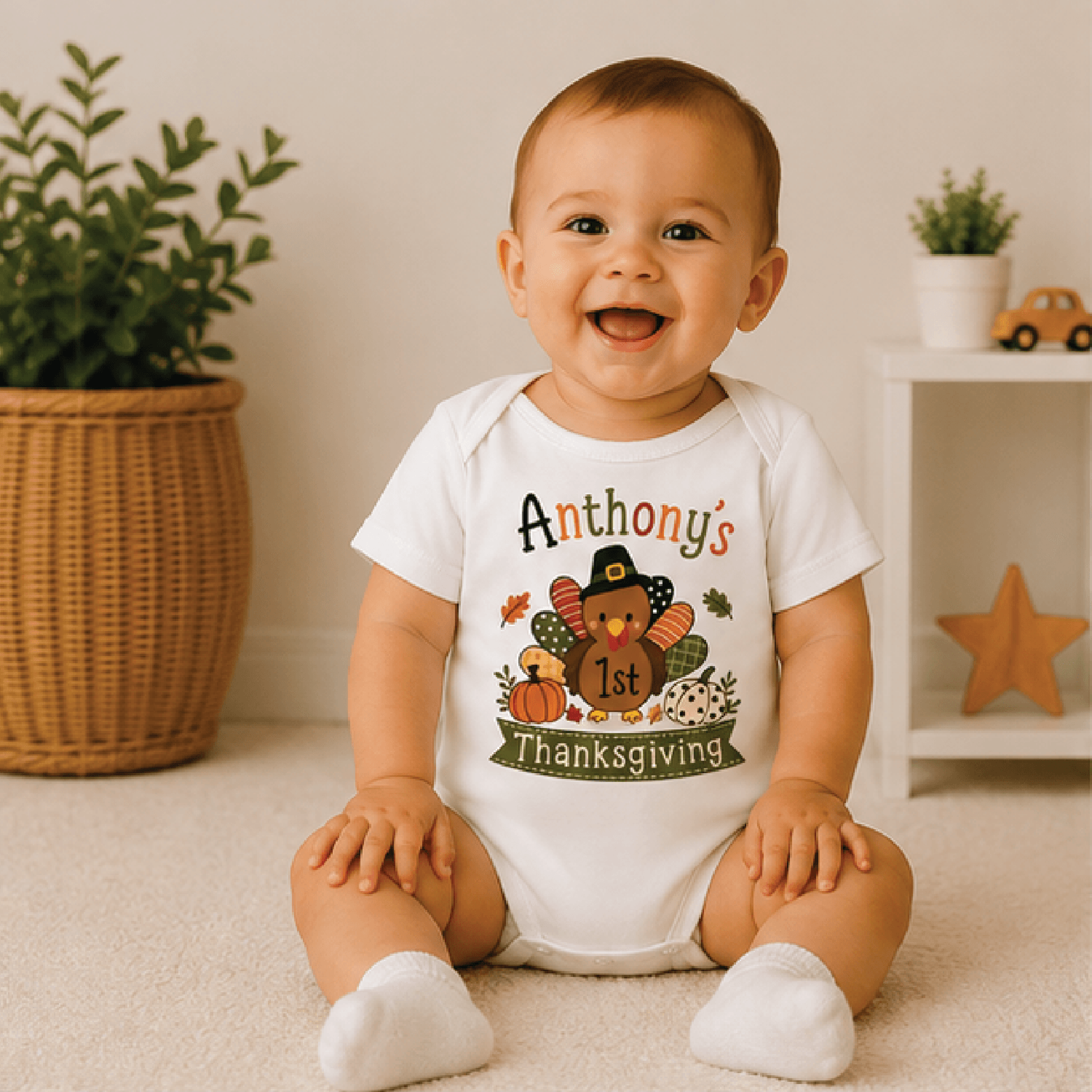 personalized first thanksgiving baby bodysuit, custom name turkey baby onesie, my first thanksgiving fall outfit