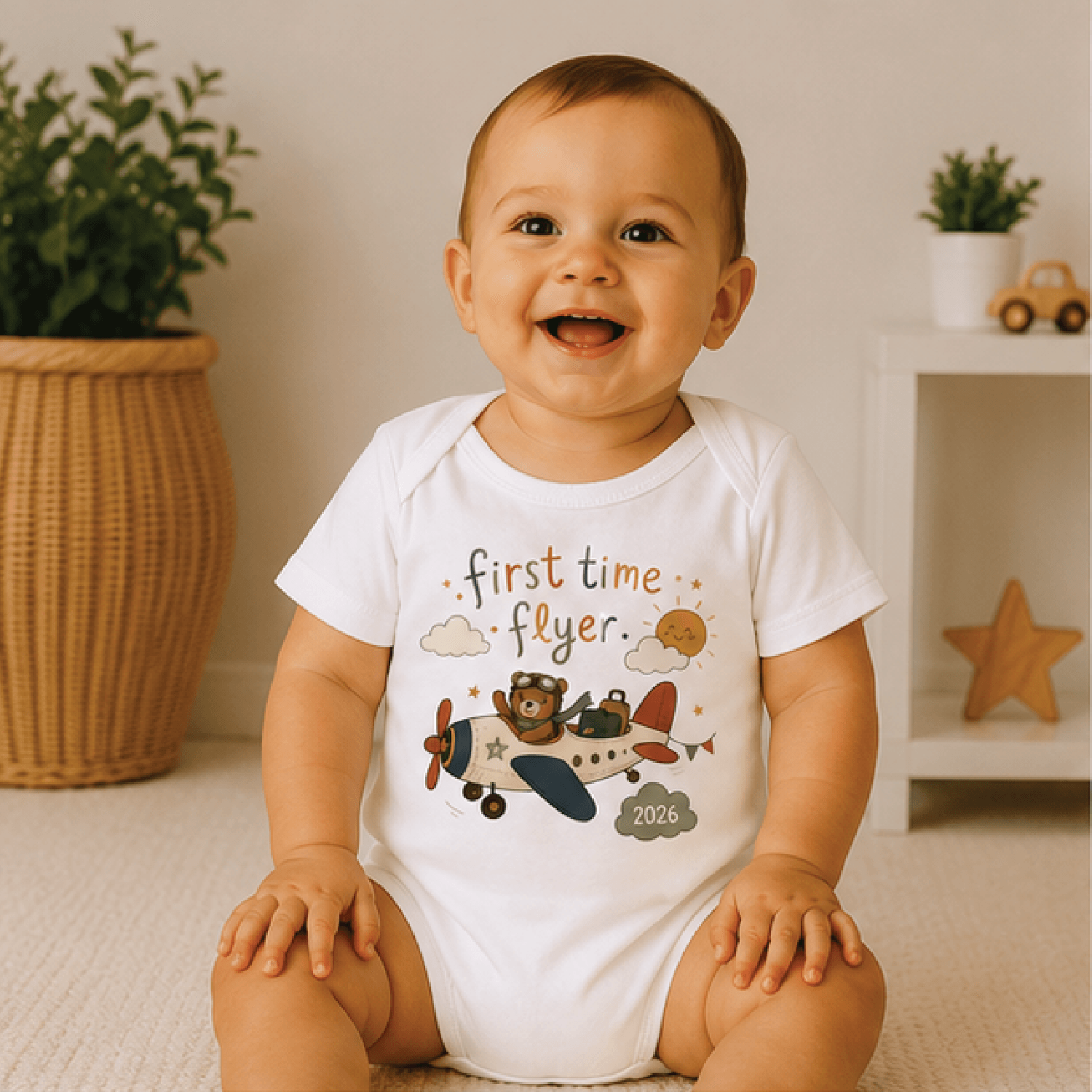 first time flyer baby bodysuit, airplane baby onesie, babys first flight outfit, cute bear pilot travel baby gift