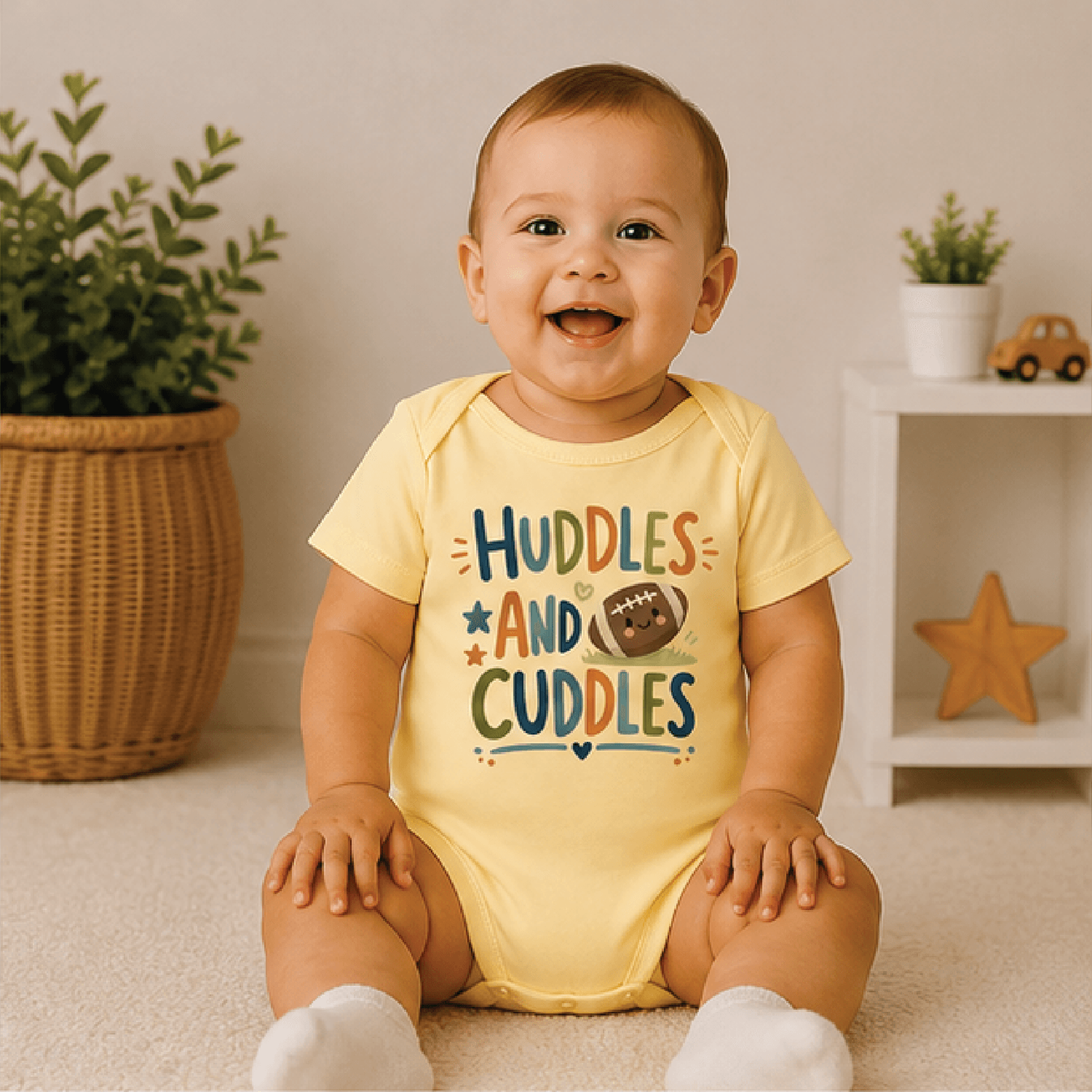 huddles and cuddles baby bodysuit, football baby onesie, cute game day newborn outfit, football baby shower gift