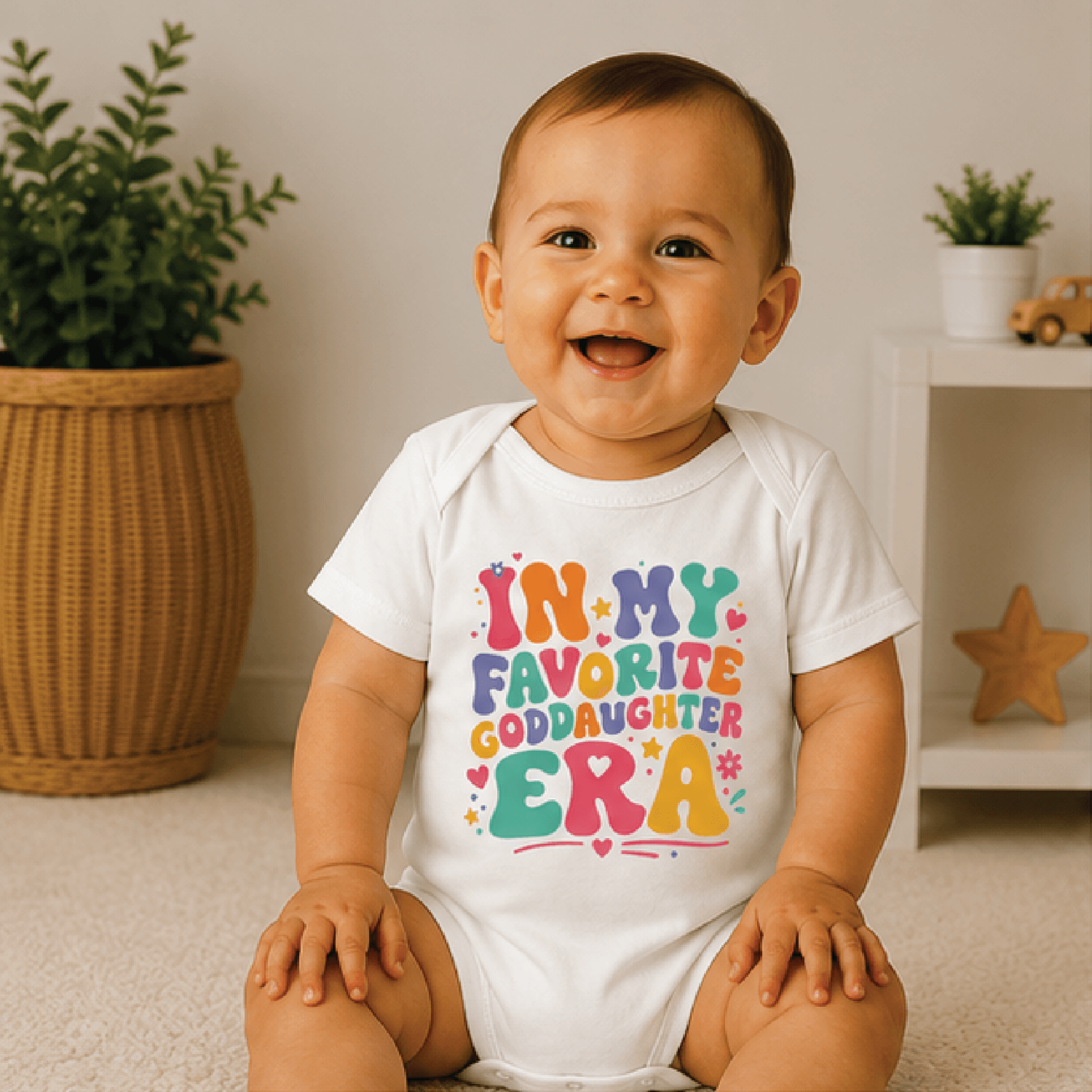 in my favorite goddaughter era baby bodysuit, cute goddaughter baby onesie, godparent newborn gift, baby shower outfit