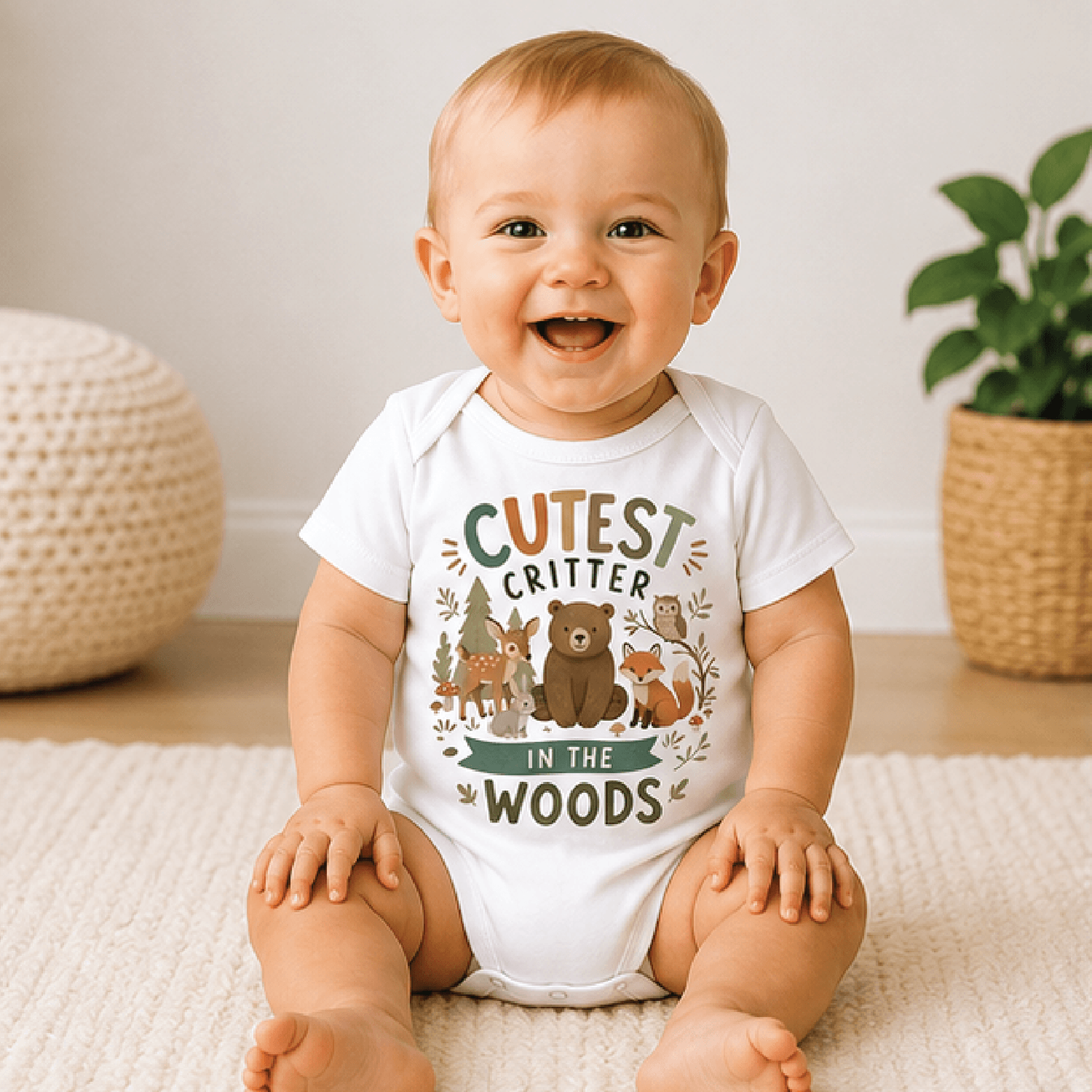 cutest critter in the woods baby bodysuit, woodland baby onesie, forest animal newborn outfit, nature baby shower gift