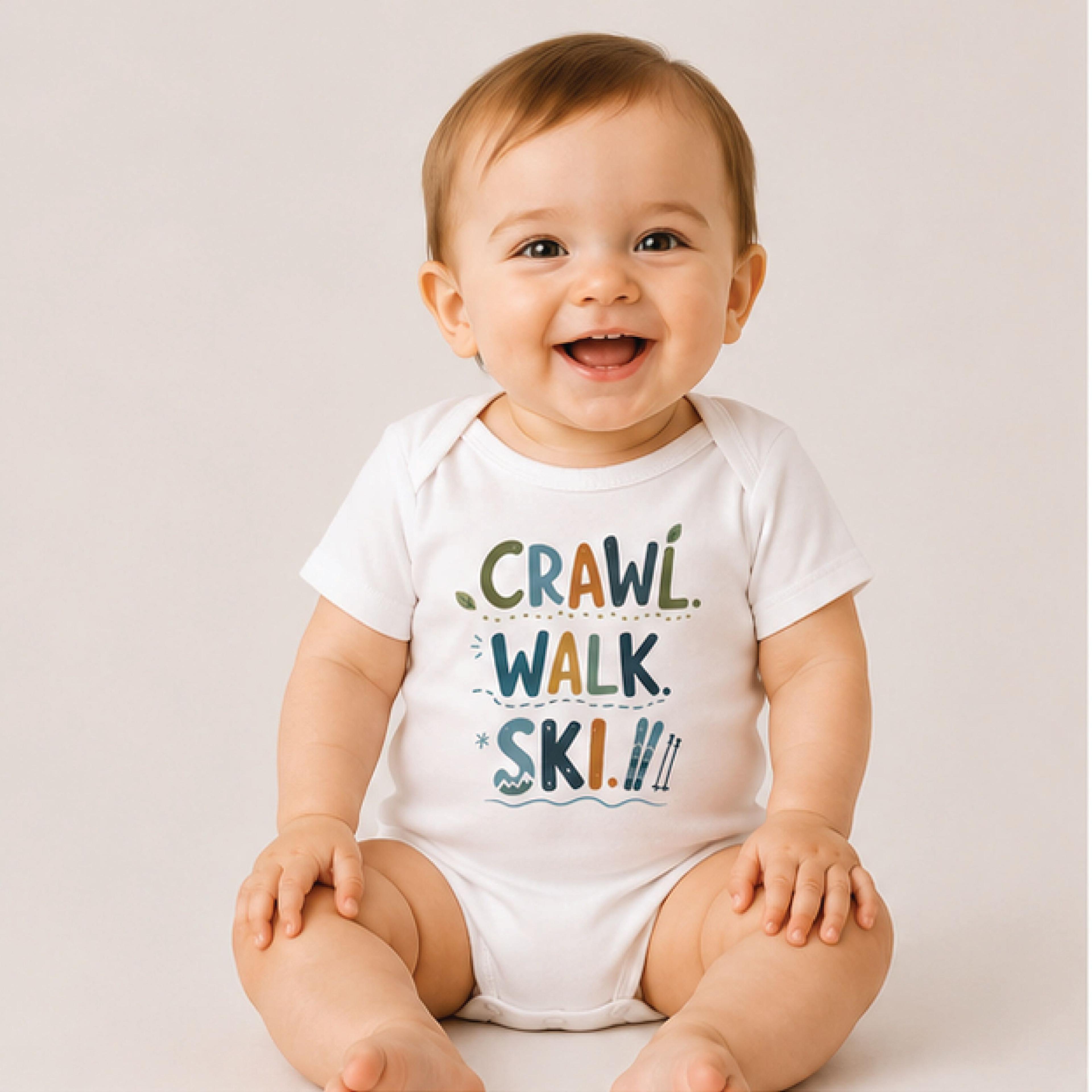 crawl walk ski baby bodysuit, cute ski baby onesie, winter mountain newborn outfit, future skier baby shower gift