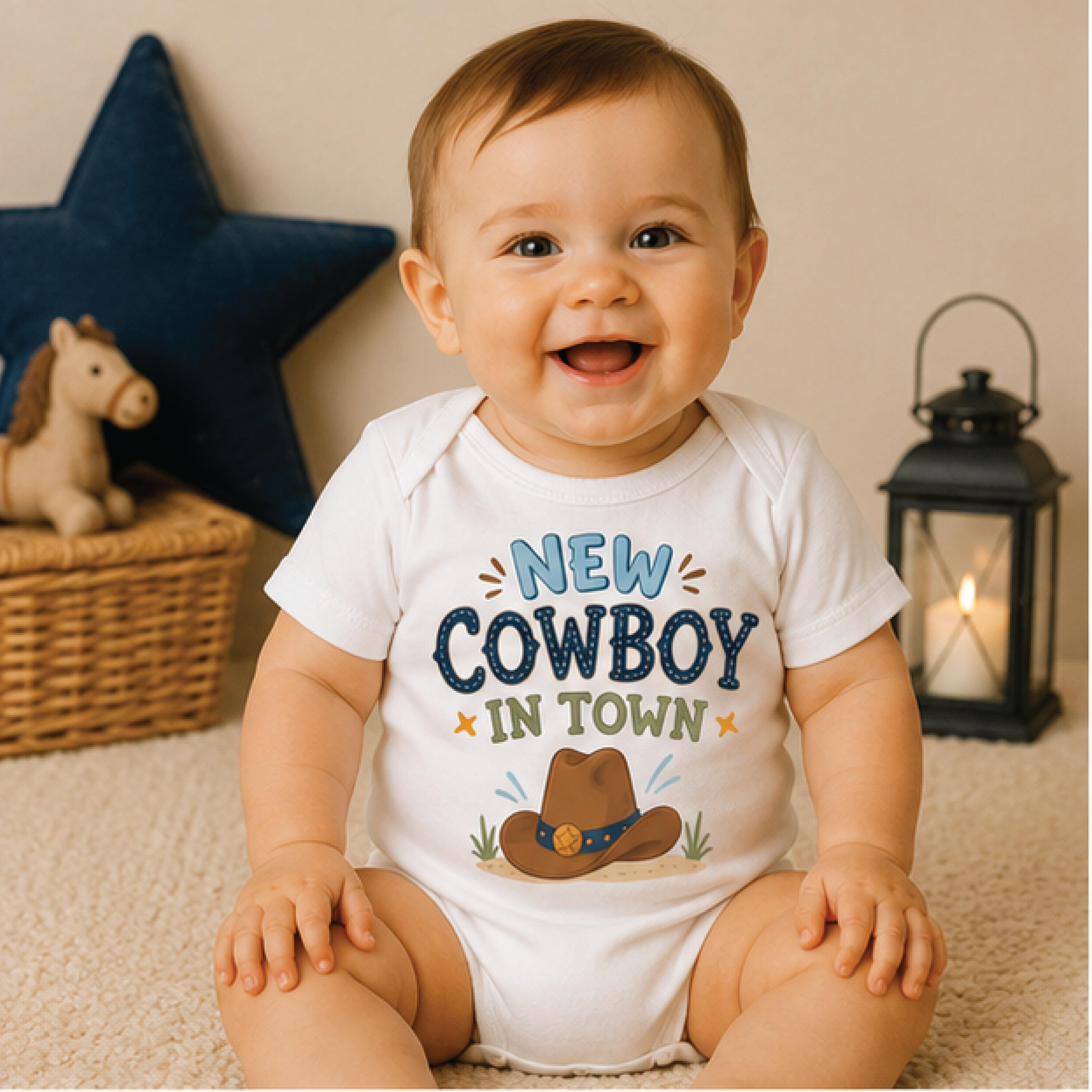 new cowboy in town baby bodysuit, western cowboy baby onesie, country newborn outfit, rodeo baby shower gift