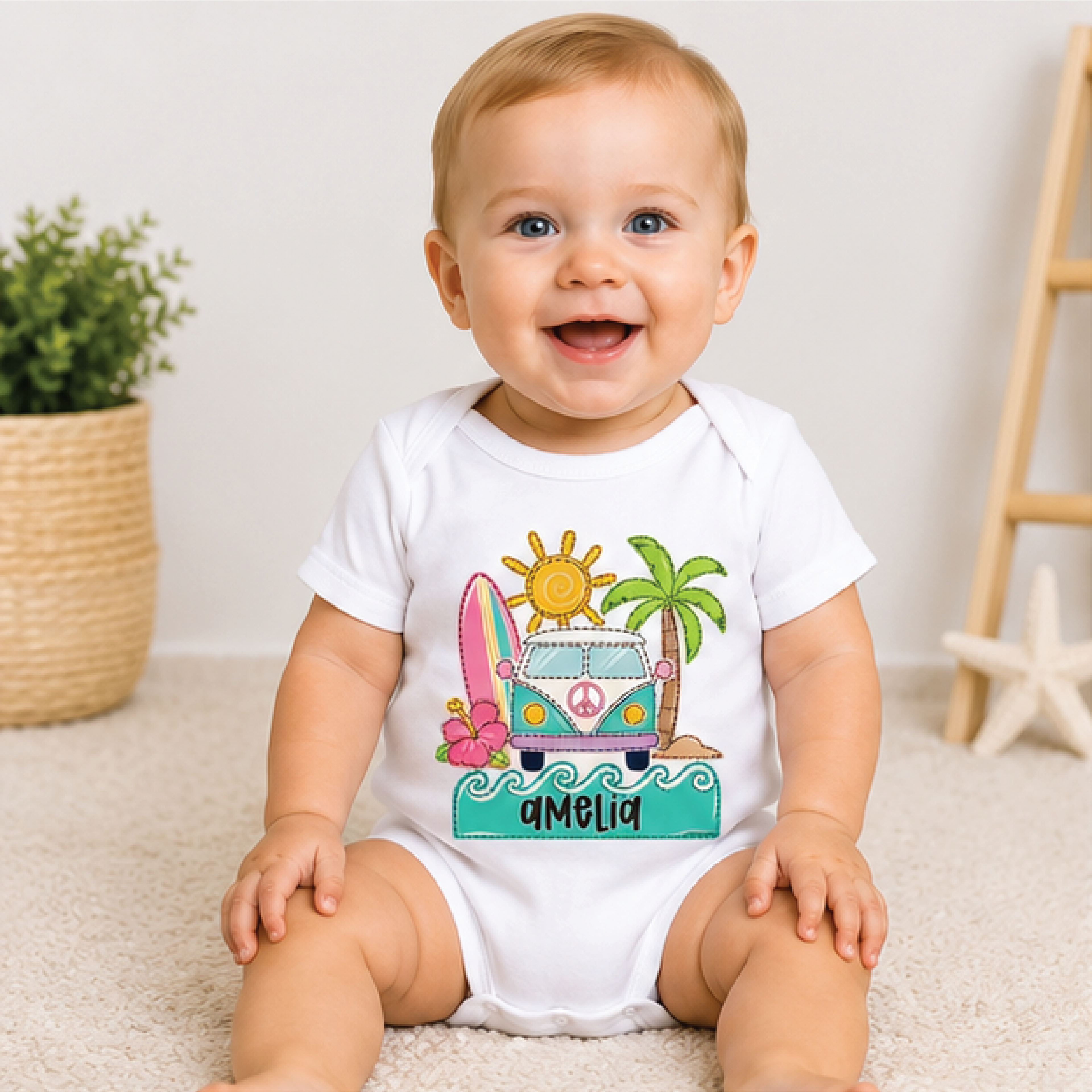 personalized beach van girls shirt, custom name toddler tee, cute summer beach kids shirt, vacation outfit for girls
