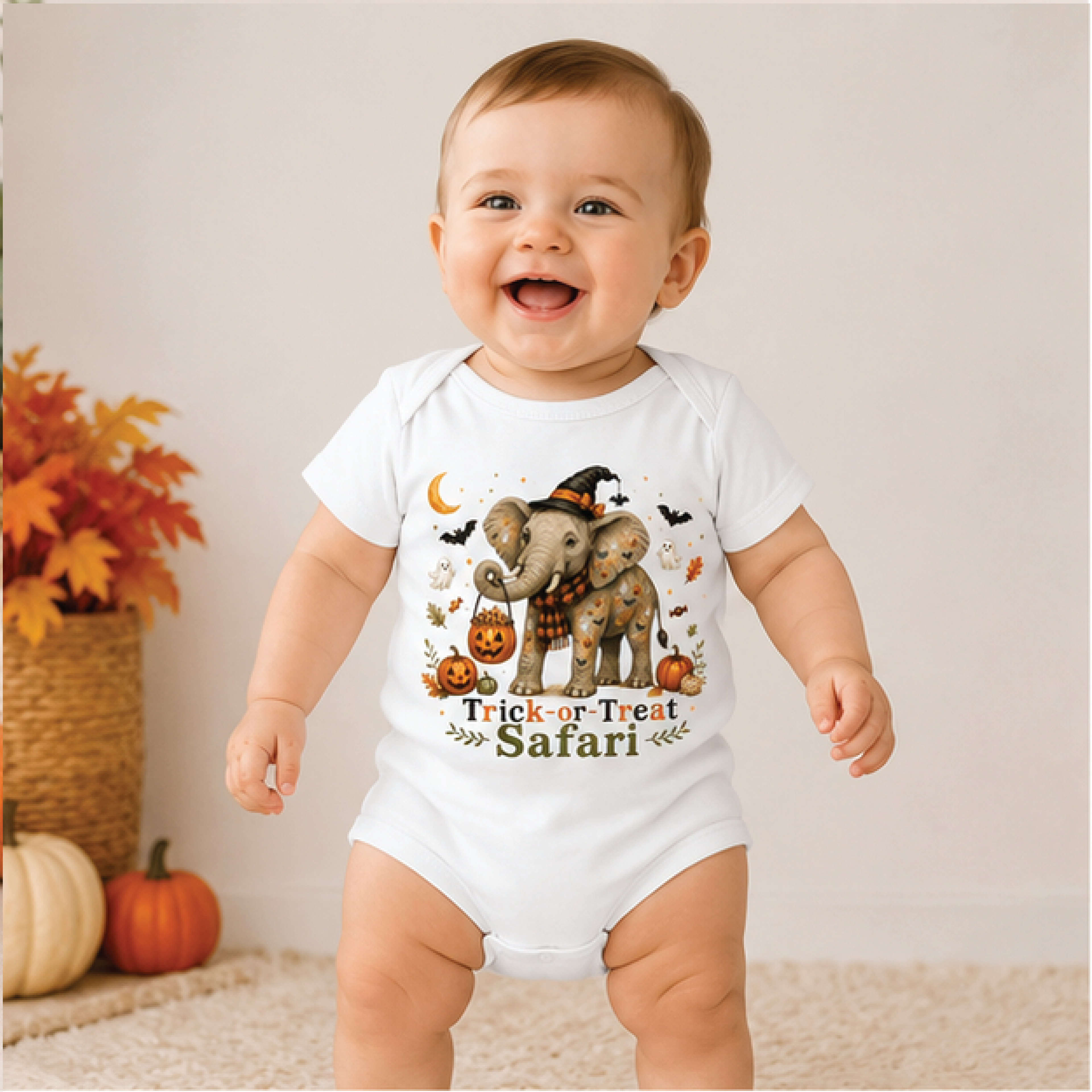 trick or treat safari elephant baby bodysuit, halloween elephant kids shirt, spooky safari toddler tee, baby halloween o