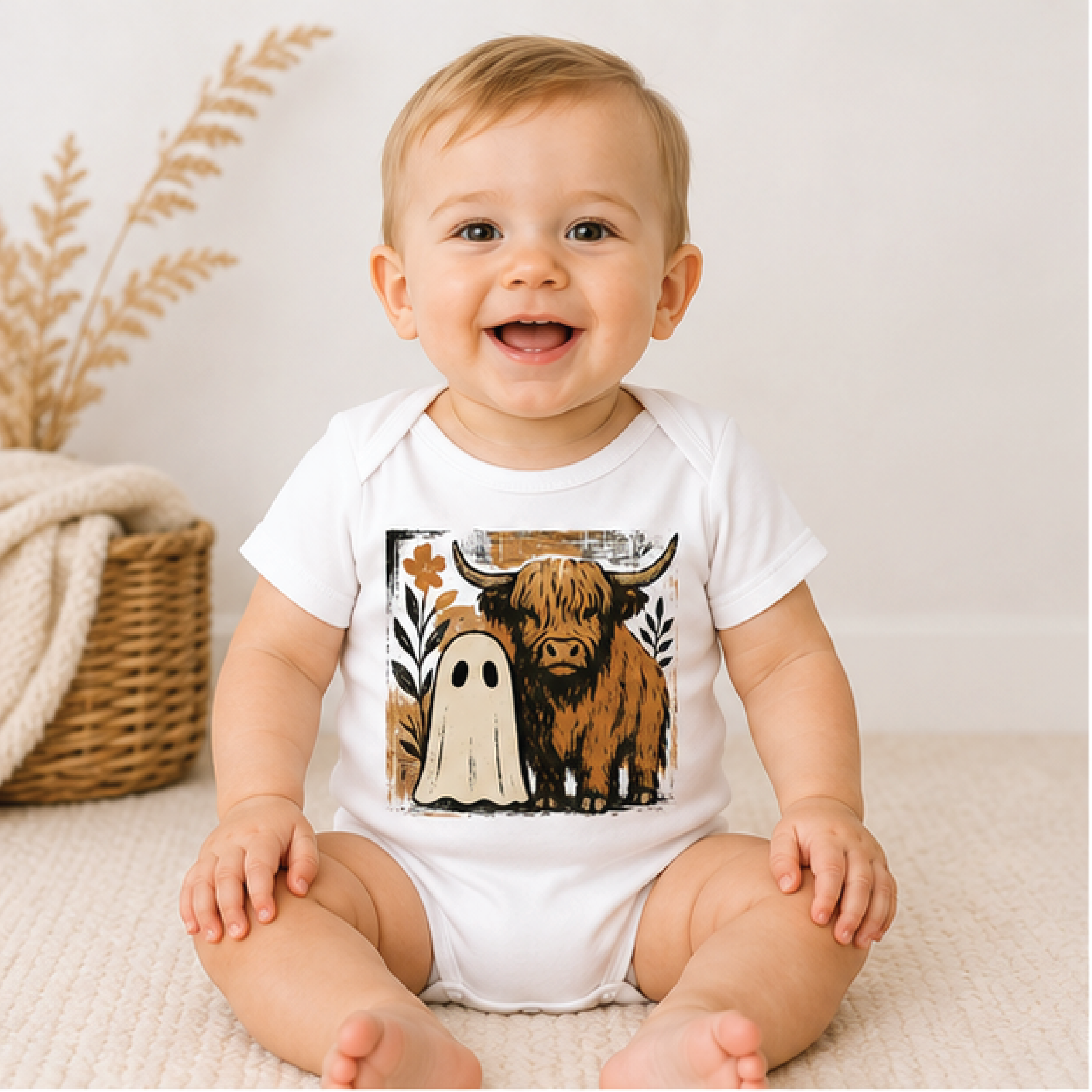 halloween ghost highland cow kids shirt, spooky cow toddler tee, western halloween baby shirt, pumpkin patch kids outfit