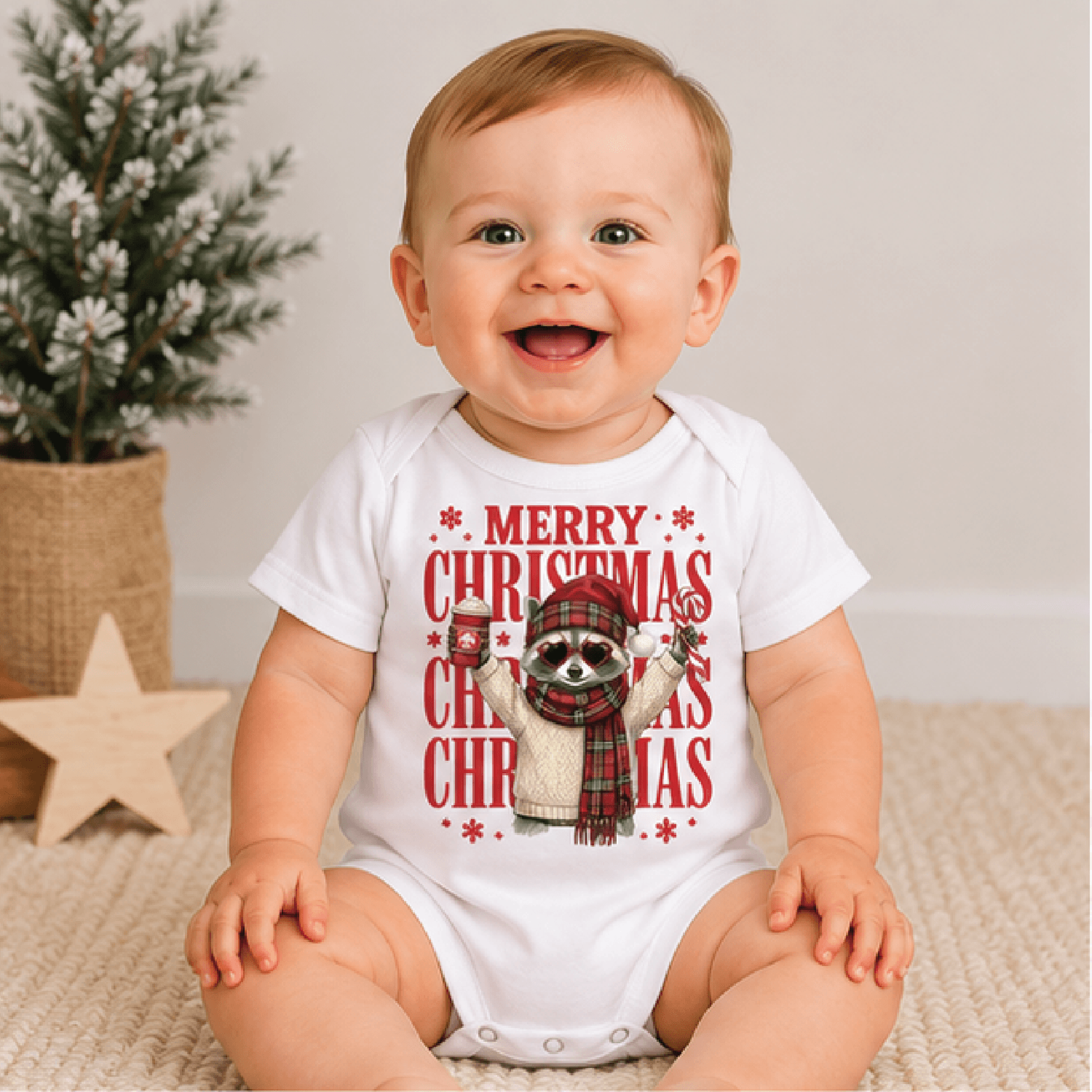 merry christmas raccoon kids t-shirt, cute holiday raccoon toddler tee, woodland christmas shirt, festive baby romper