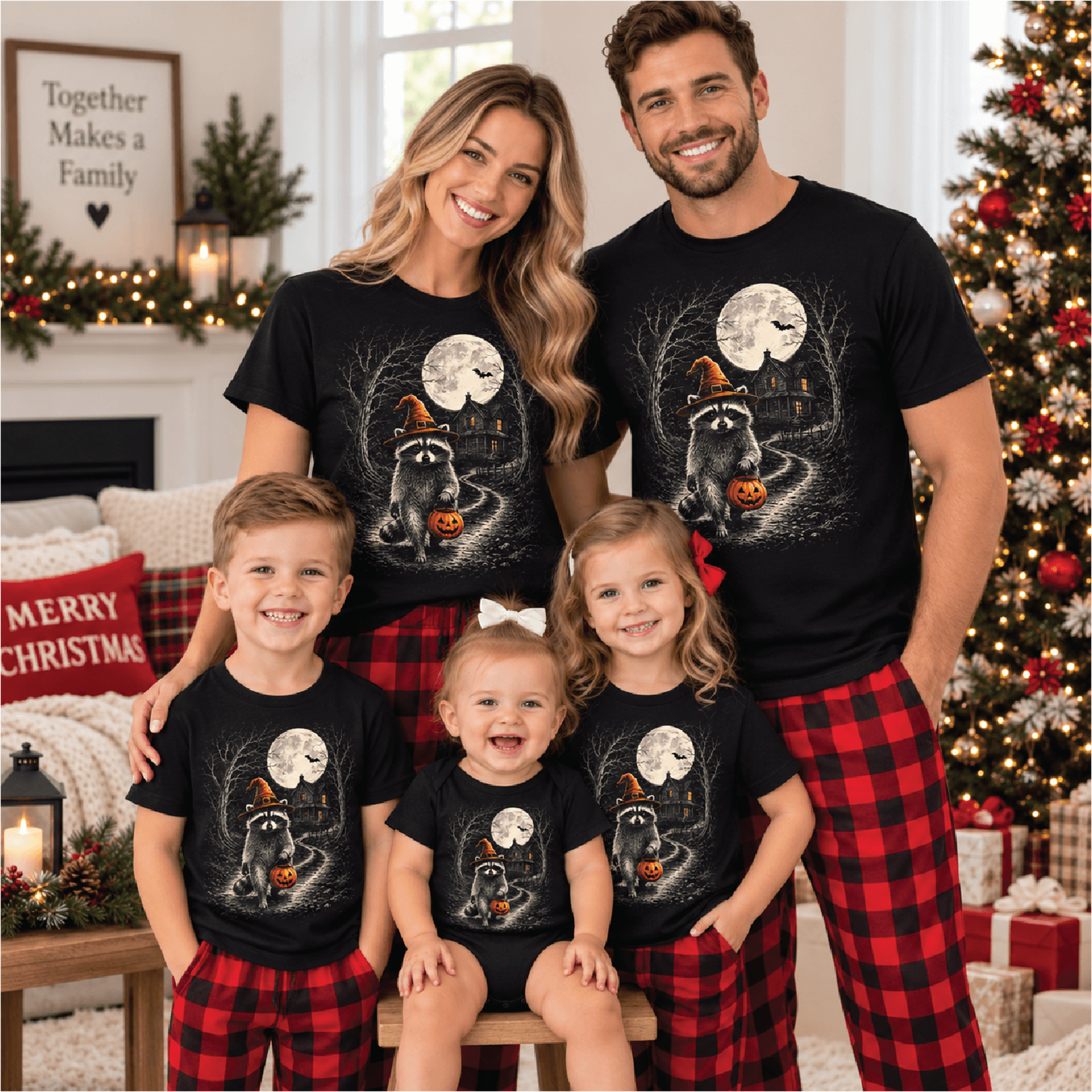 matching family raccoon halloween t-shirt, witch hat raccoon family tee, spooky halloween shirts, family trick or treat