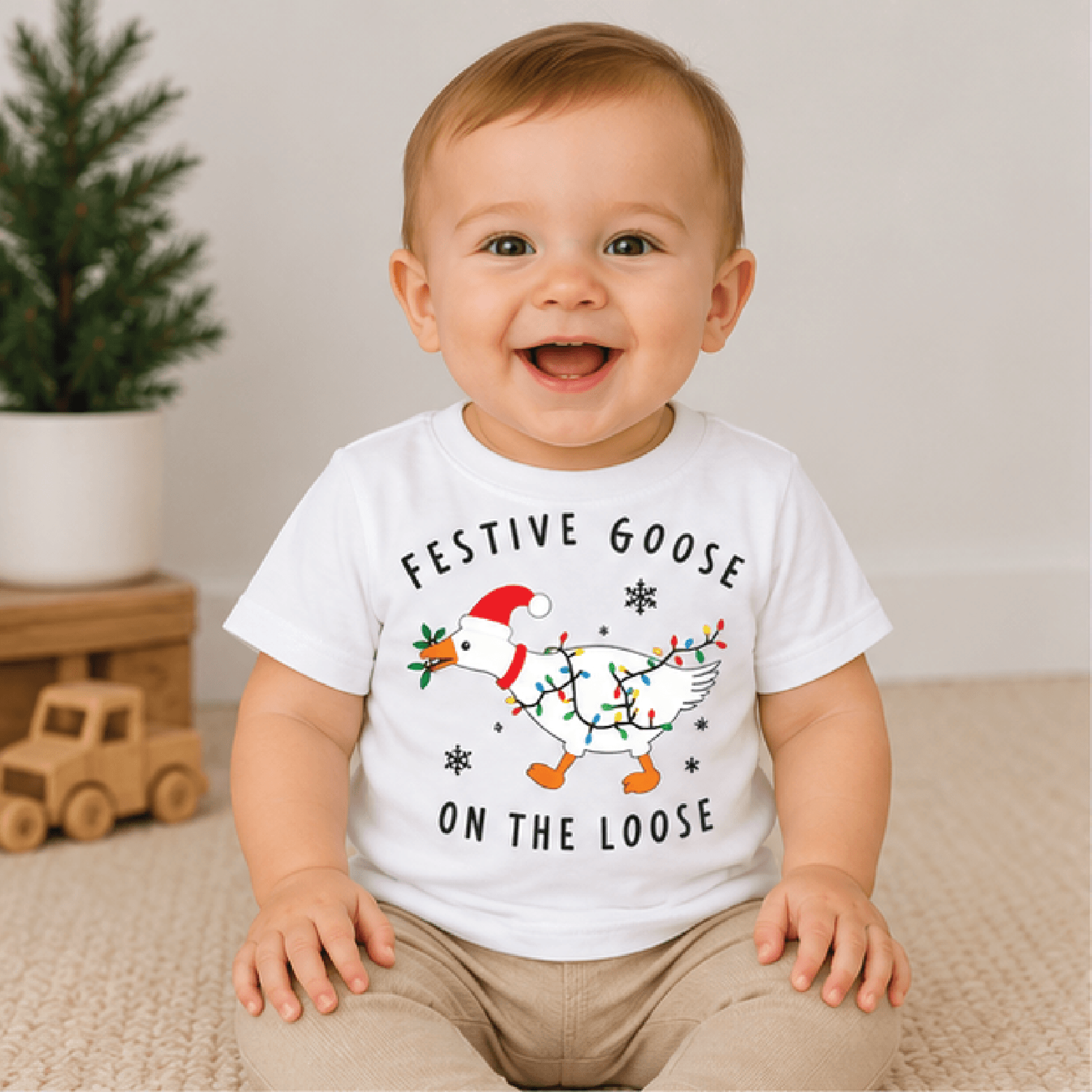 festive goose on the loose kids t-shirt, funny christmas goose toddler tee, holiday kids shirt, cute baby romper xmas ou