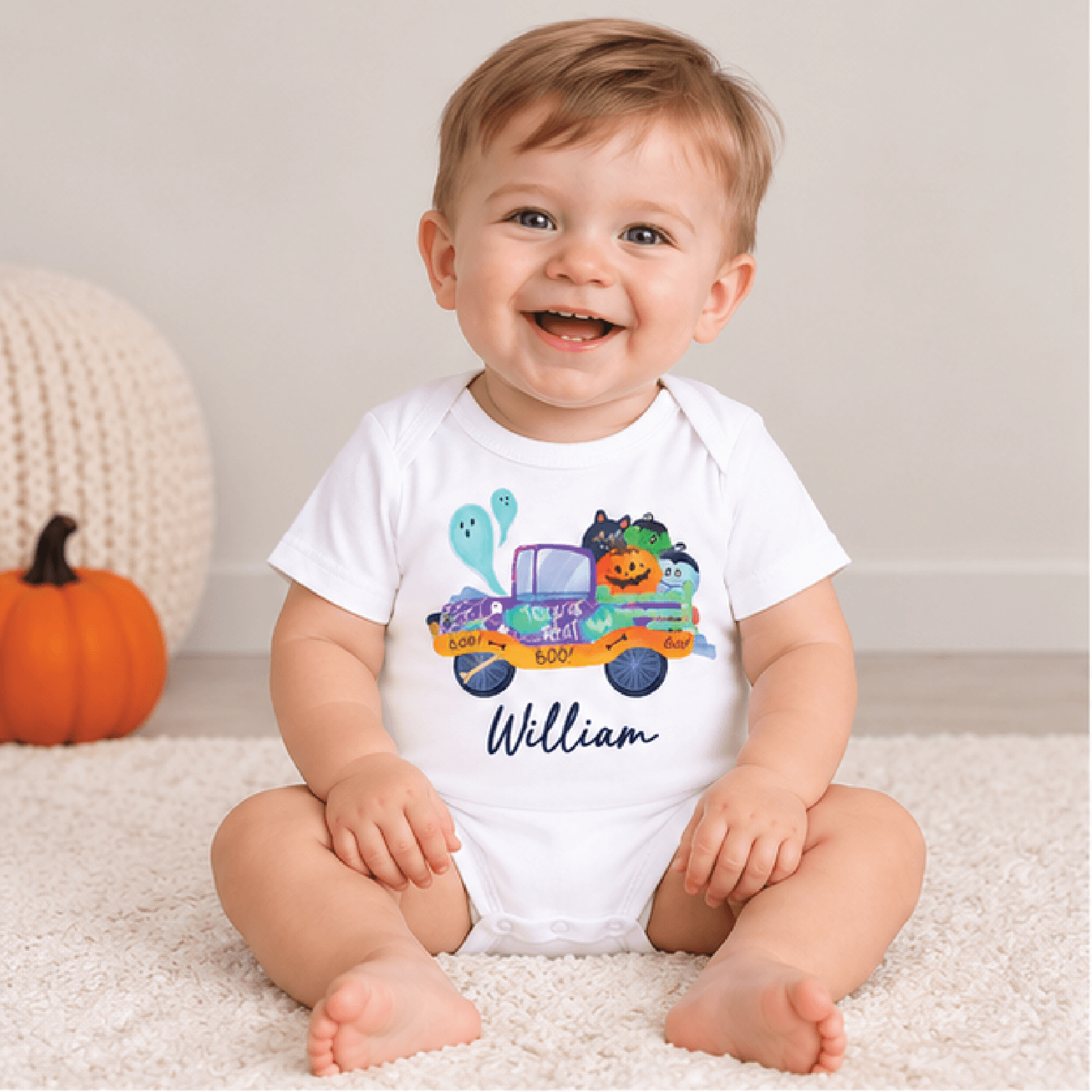 personalized halloween truck kids t-shirt, custom name ghost pumpkin tee, trick or treat shirt, halloween baby romper