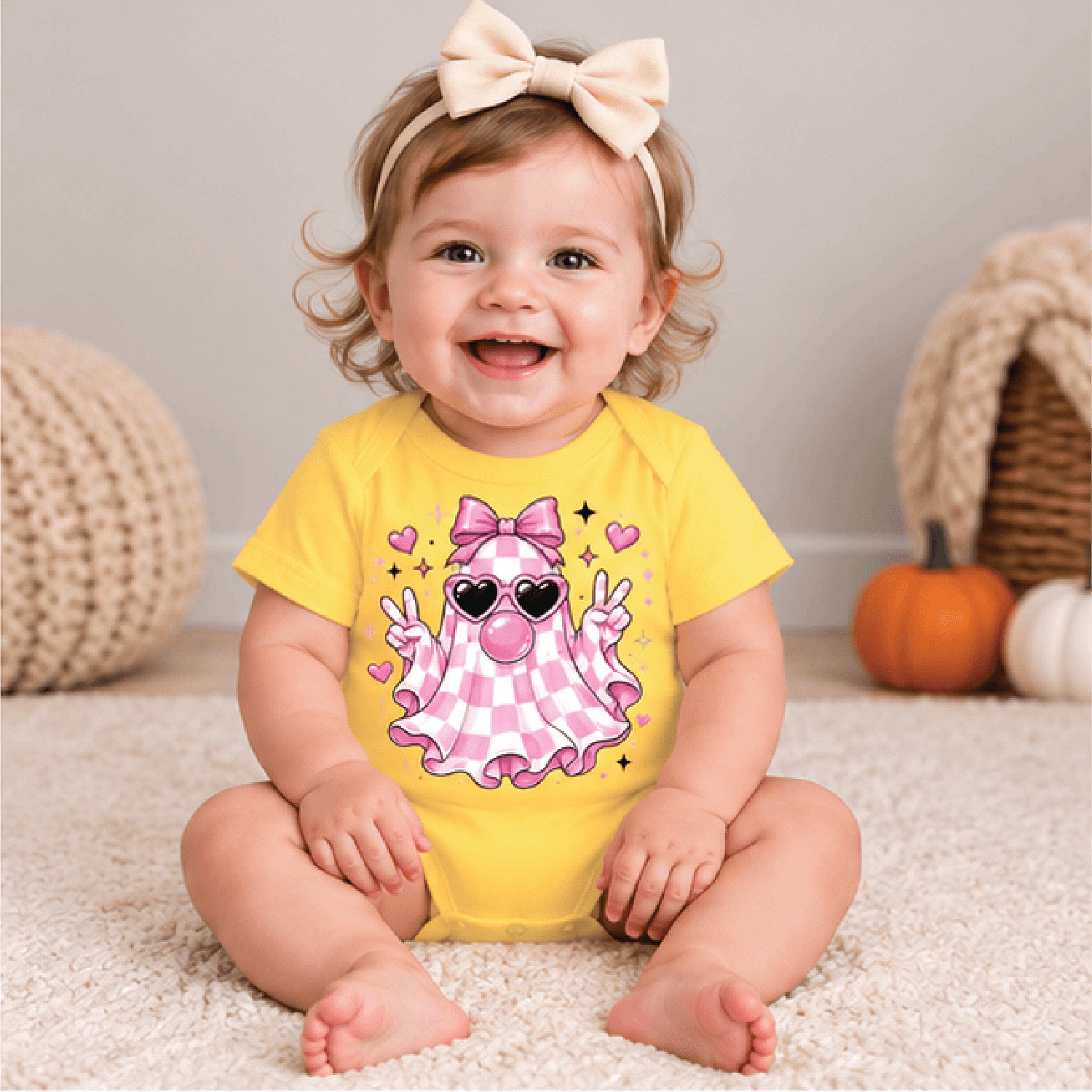 bubblegum ghost halloween girls t-shirt, pink checkered ghost toddler tee, coquette spooky shirt, halloween baby romper