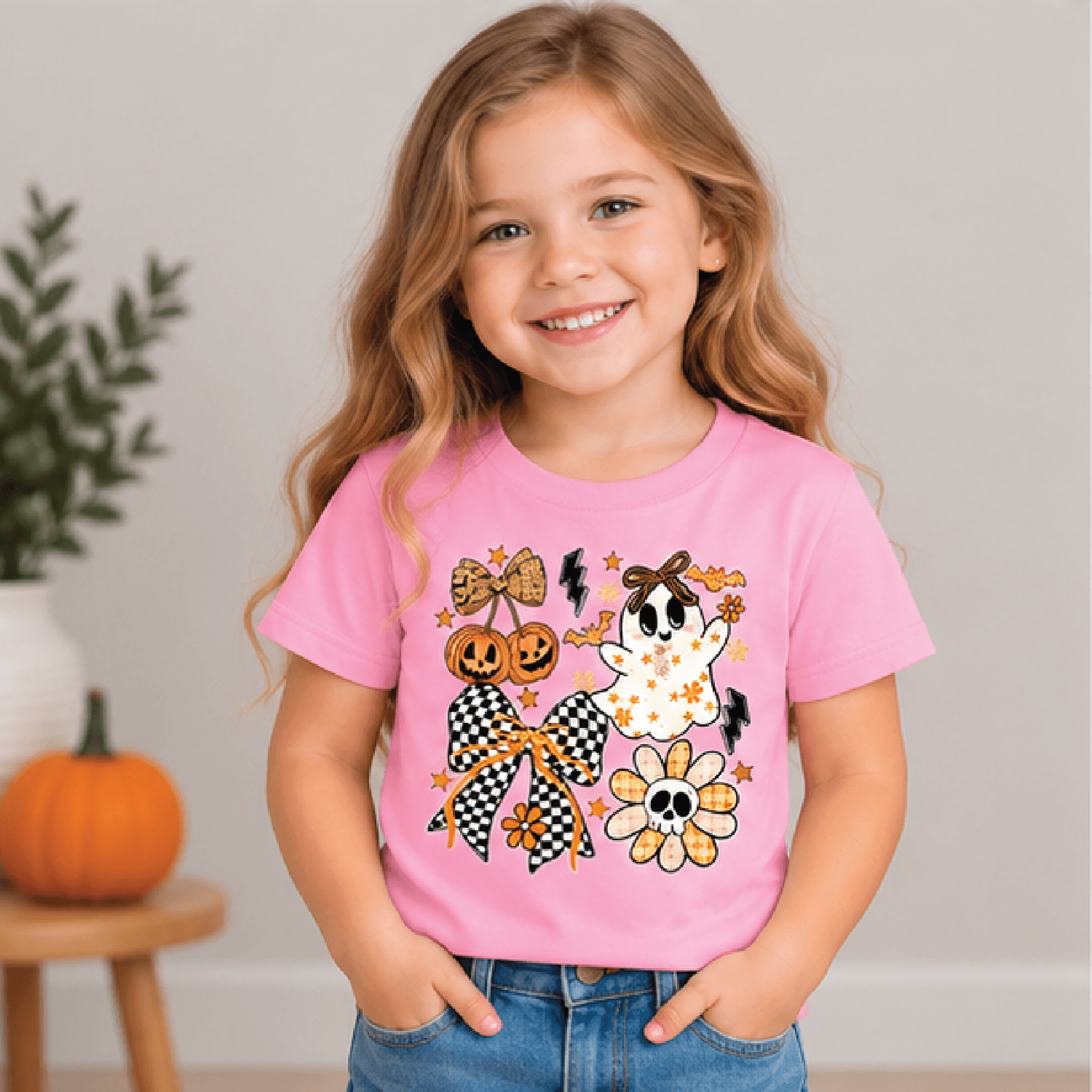 coquette ghost halloween girls t-shirt, pumpkin bow toddler tee, cute spooky season kids shirt, halloween baby romper