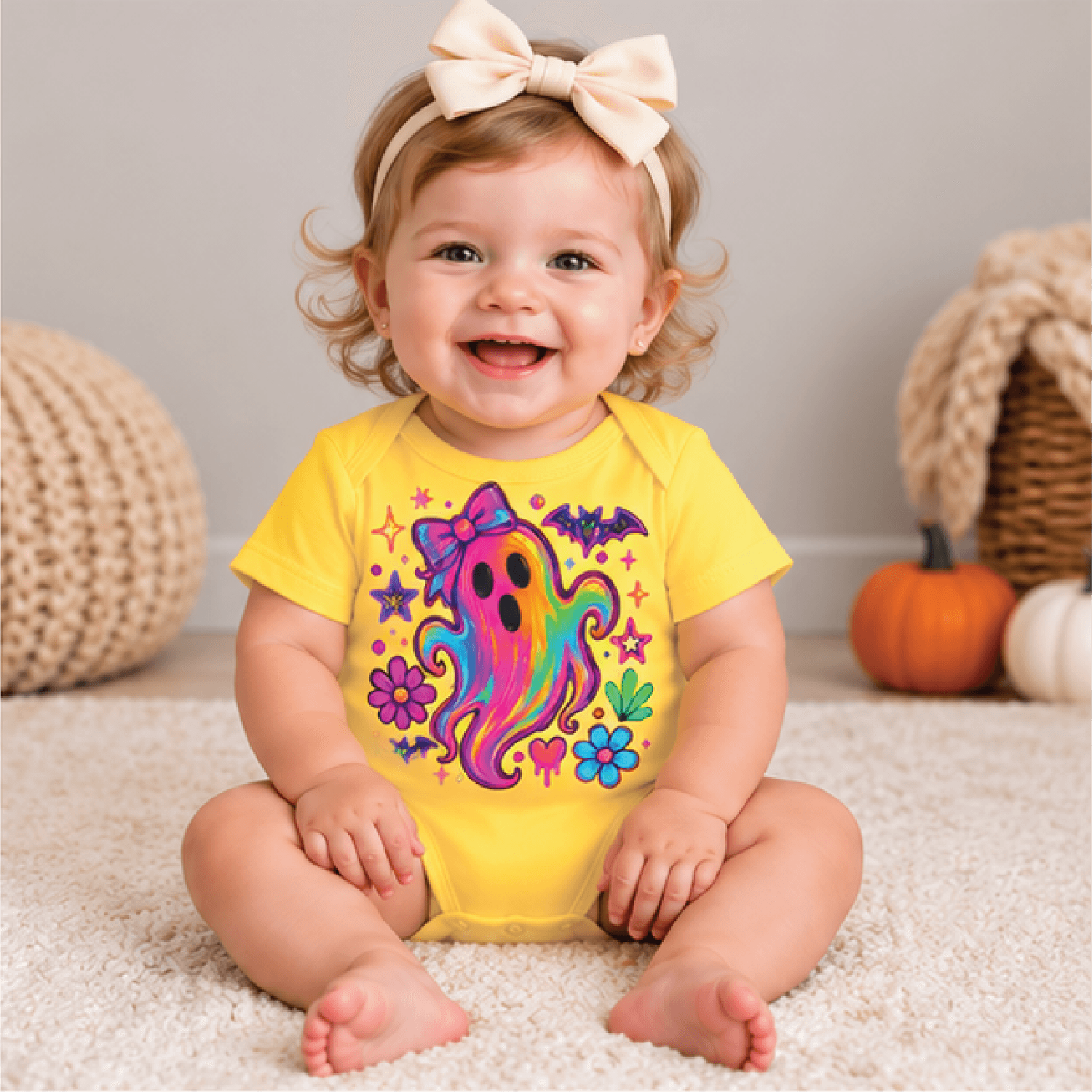 colorful ghost halloween girls t-shirt, rainbow bow ghost toddler tee, cute spooky kids shirt, halloween baby romper