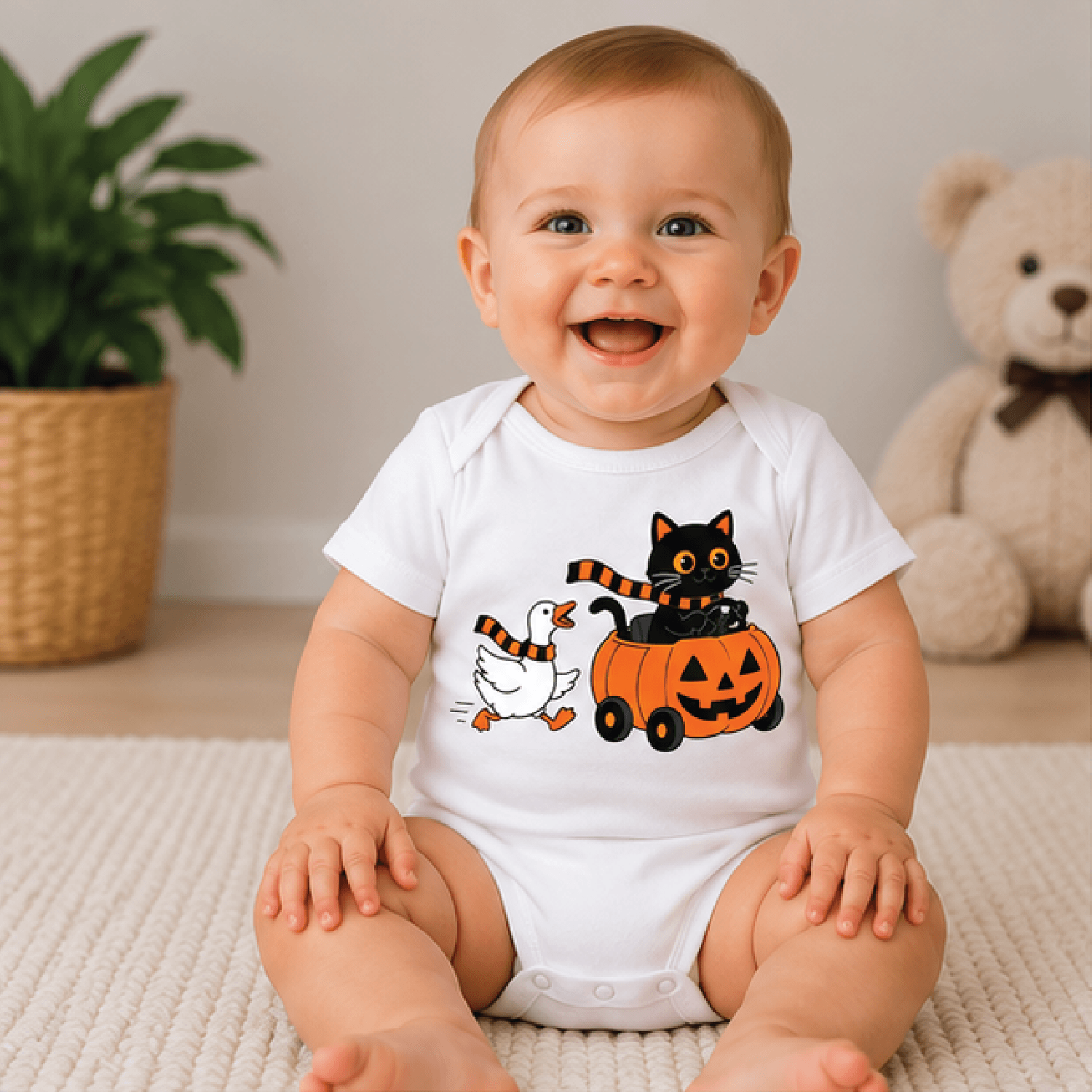 halloween goose & black cat kids t-shirt, spooky pumpkin toddler tee, funny fall shirt, cute halloween baby romper