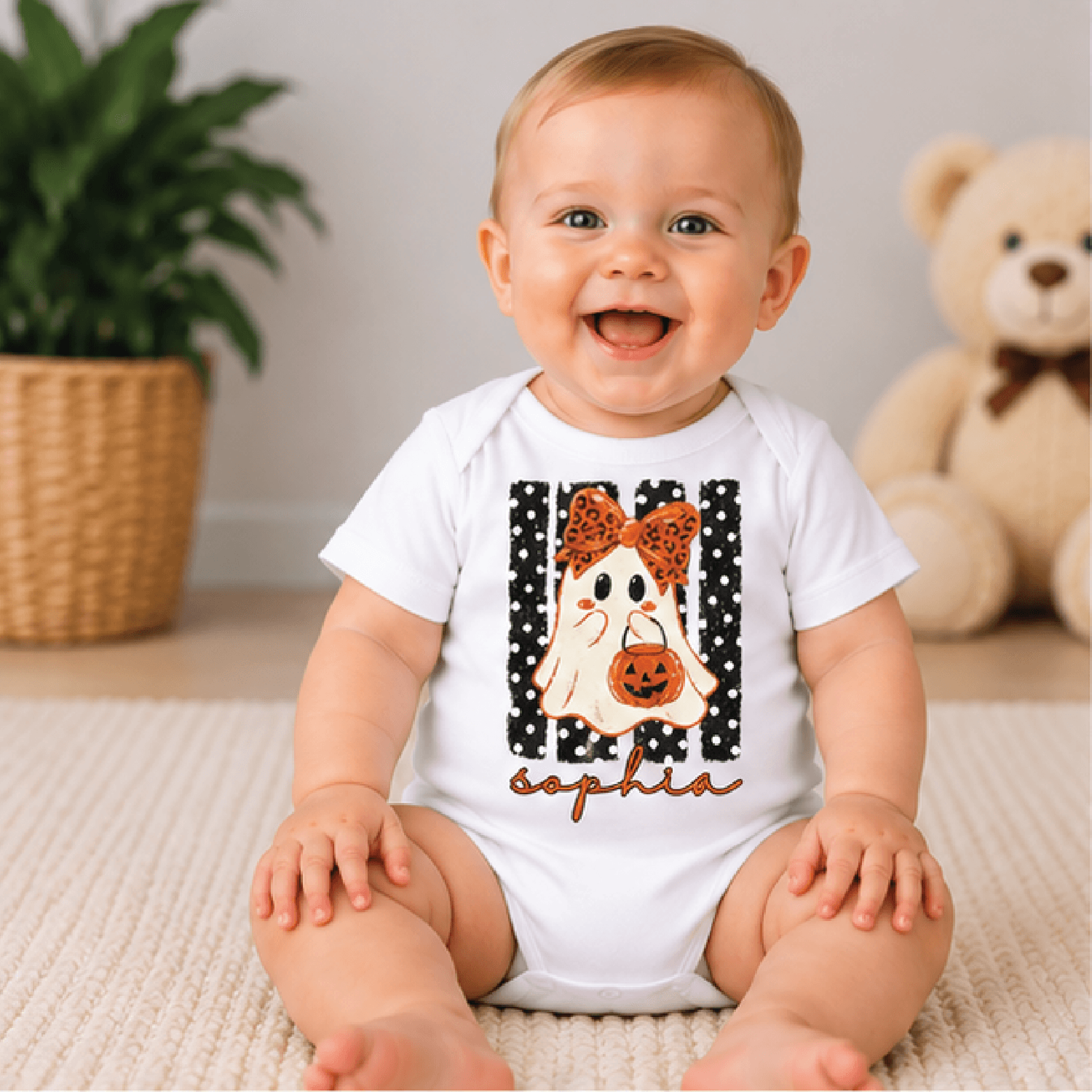 personalized halloween ghost girls t-shirt, custom name coquette bow toddler tee, striped ghost shirt, baby romper