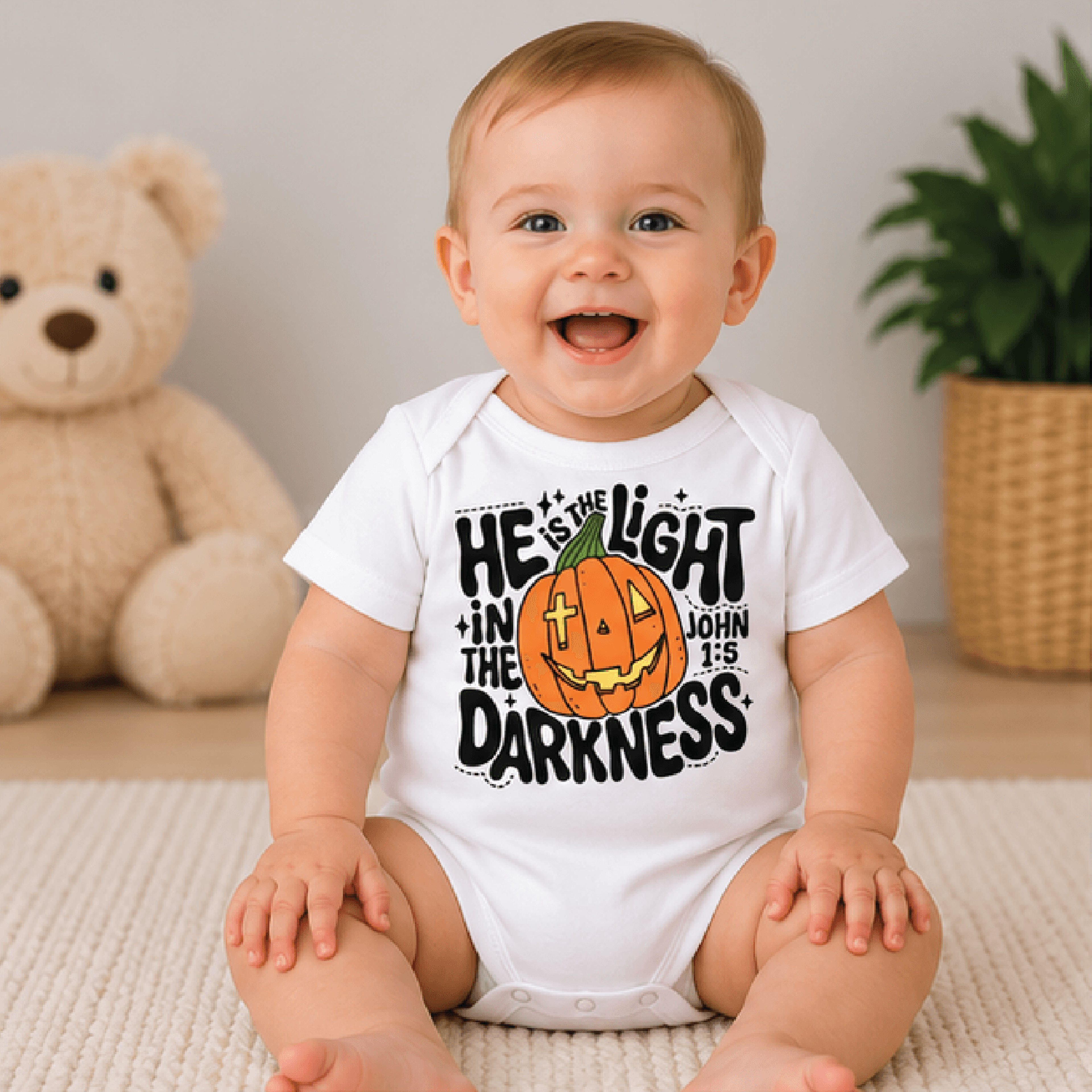 he is the light christian kids t-shirt, john 1 5 halloween toddler tee, faith pumpkin shirt, jesus baby romper