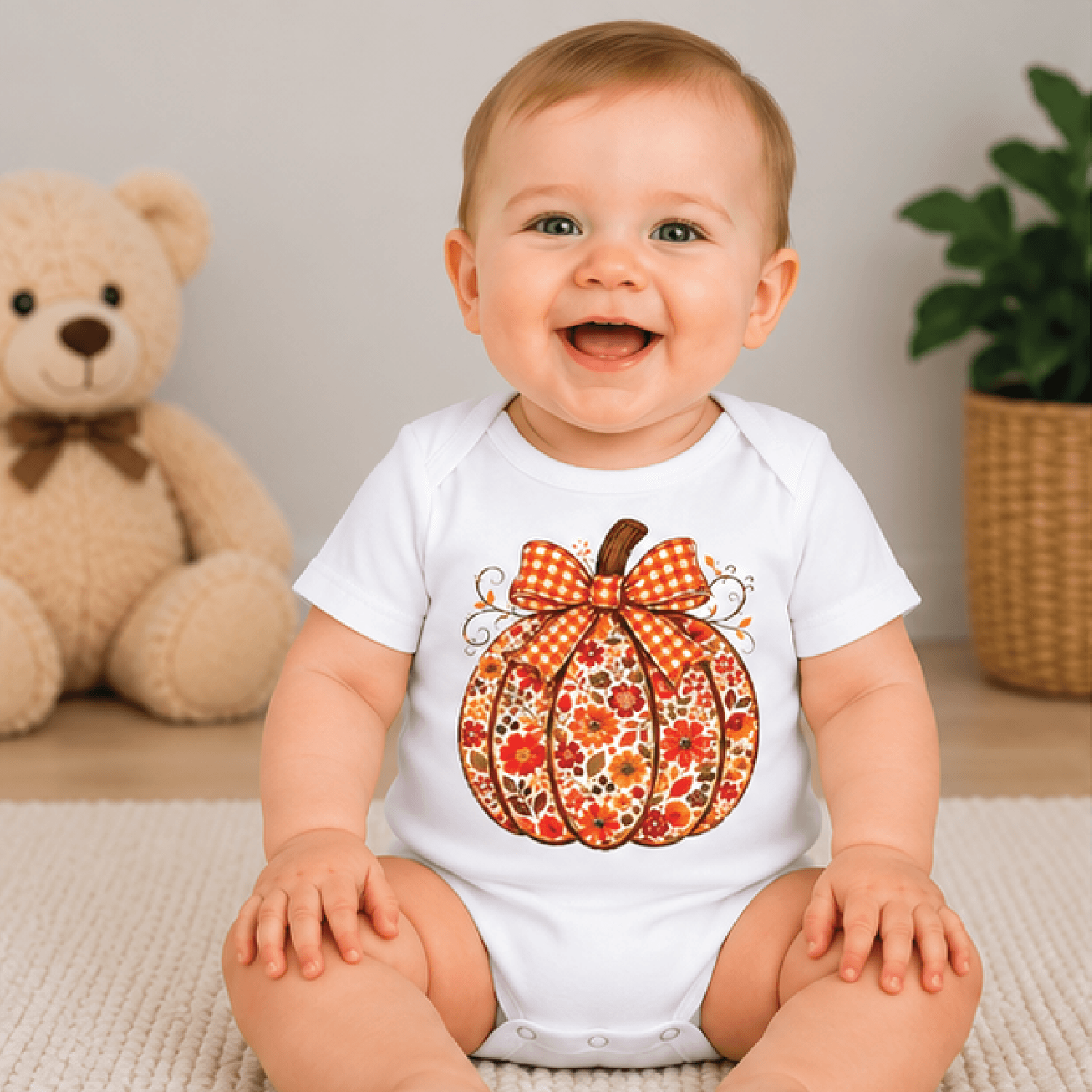 floral pumpkin kids t-shirt, coquette gingham bow toddler tee, cute fall girls shirt, thanksgiving baby romper