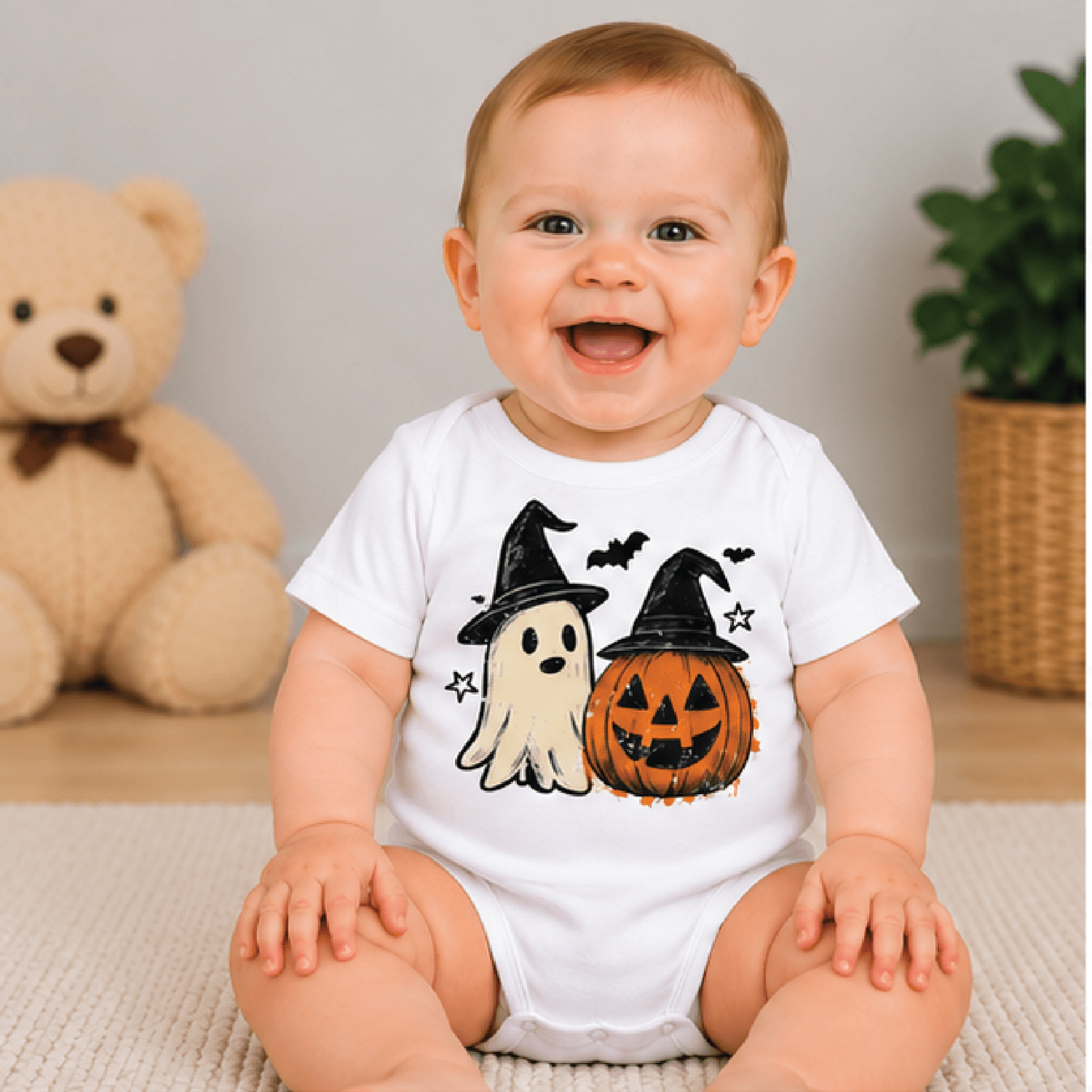 ghost & pumpkin halloween kids t-shirt, witch hat toddler tee, cute spooky season shirt, halloween baby romper