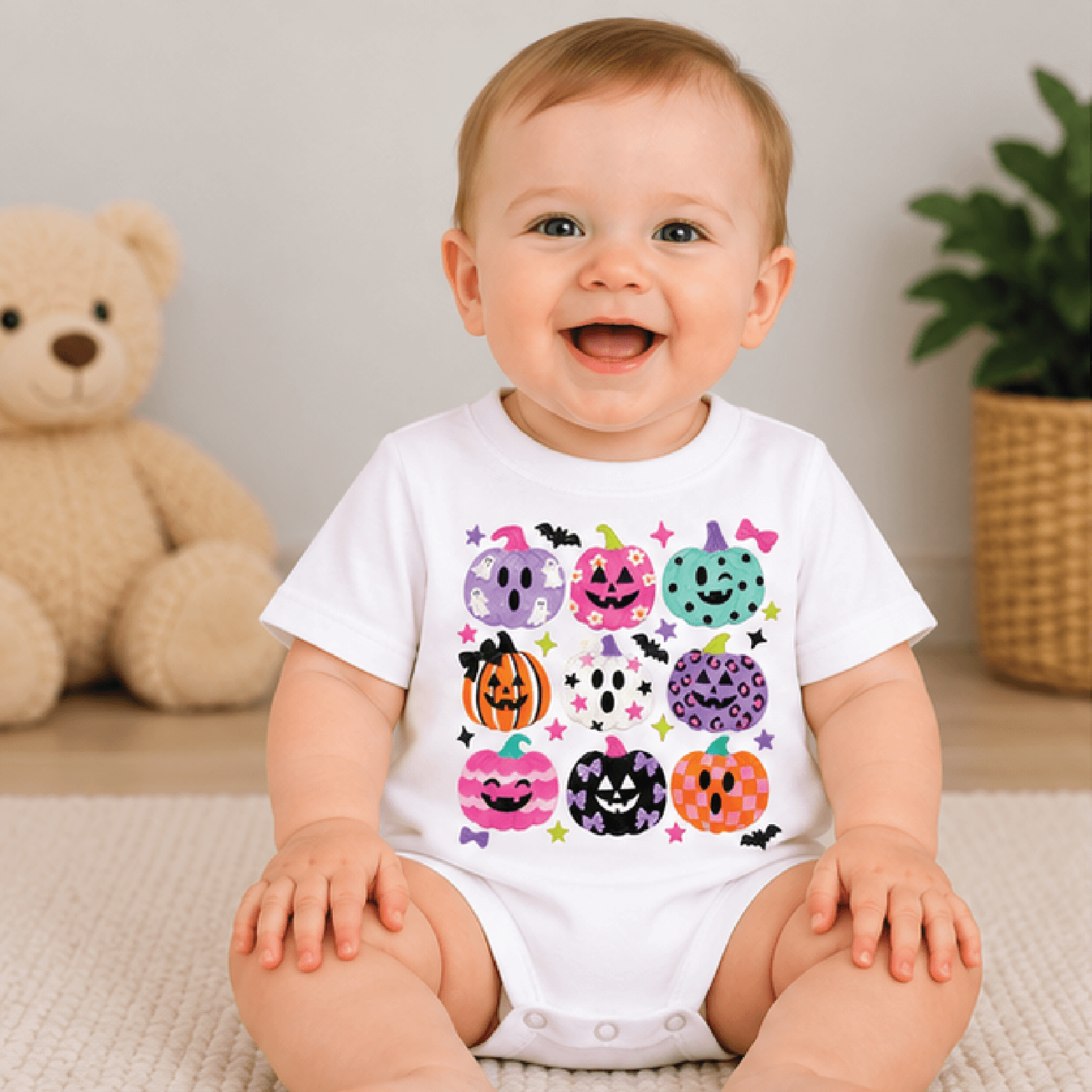 colorful jack o lantern kids t-shirt, doodle pumpkin toddler tee, coquette halloween girls shirt, cute baby romper