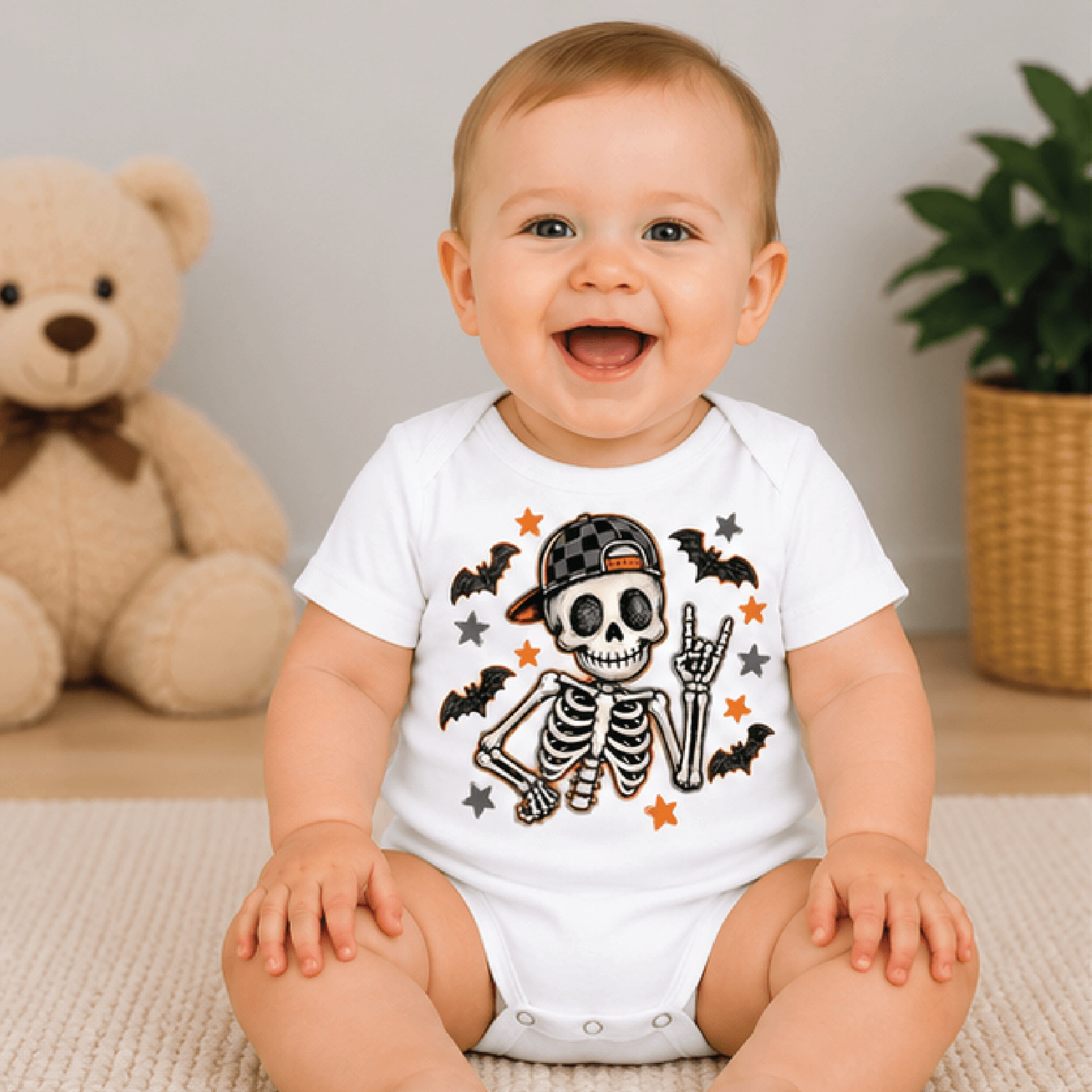 retro skeleton boys halloween t-shirt, cool checkered hat toddler tee, rock hand spooky shirt, halloween baby romper