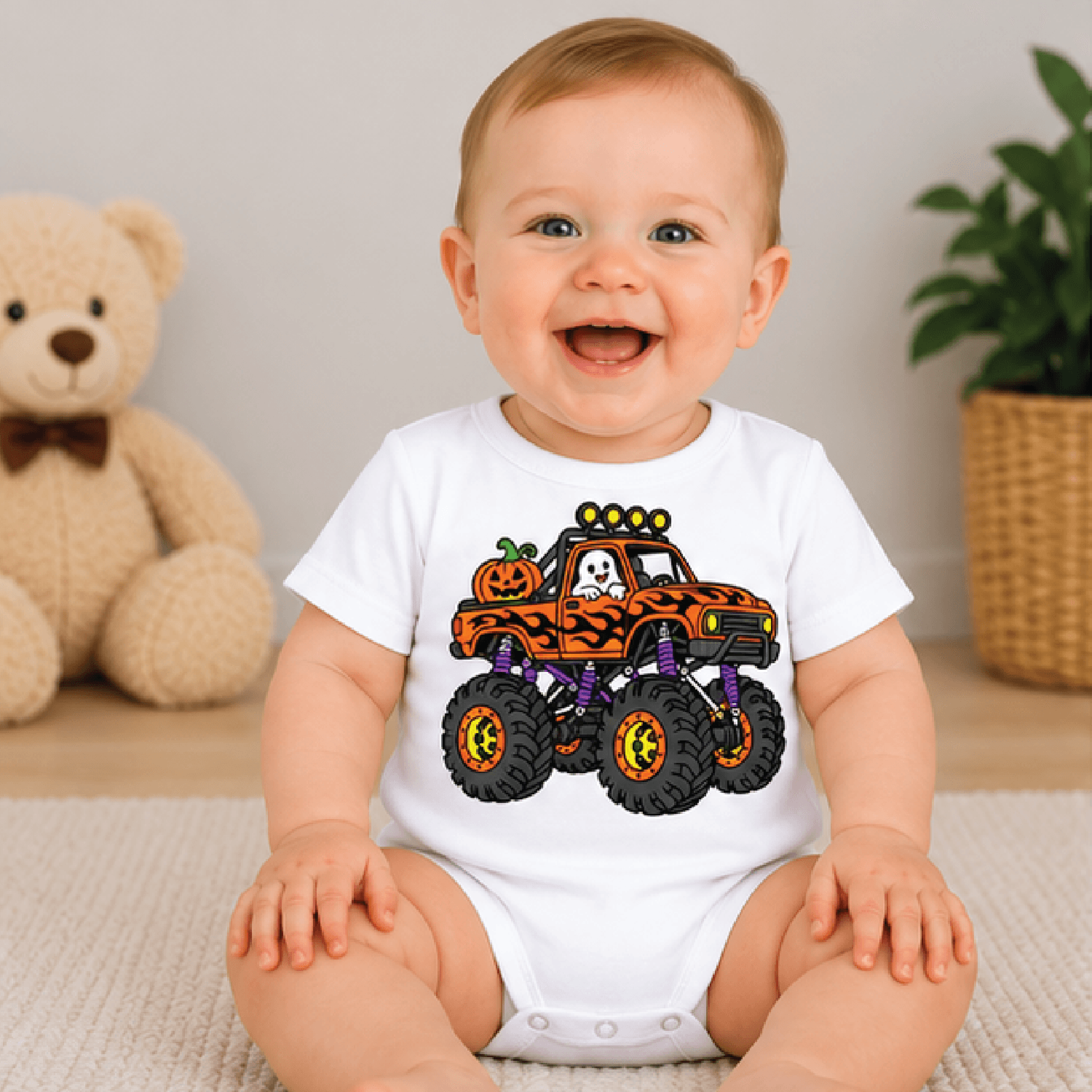 halloween monster truck kids t-shirt, ghost driver pumpkin toddler tee, spooky truck boys shirt, halloween baby romper