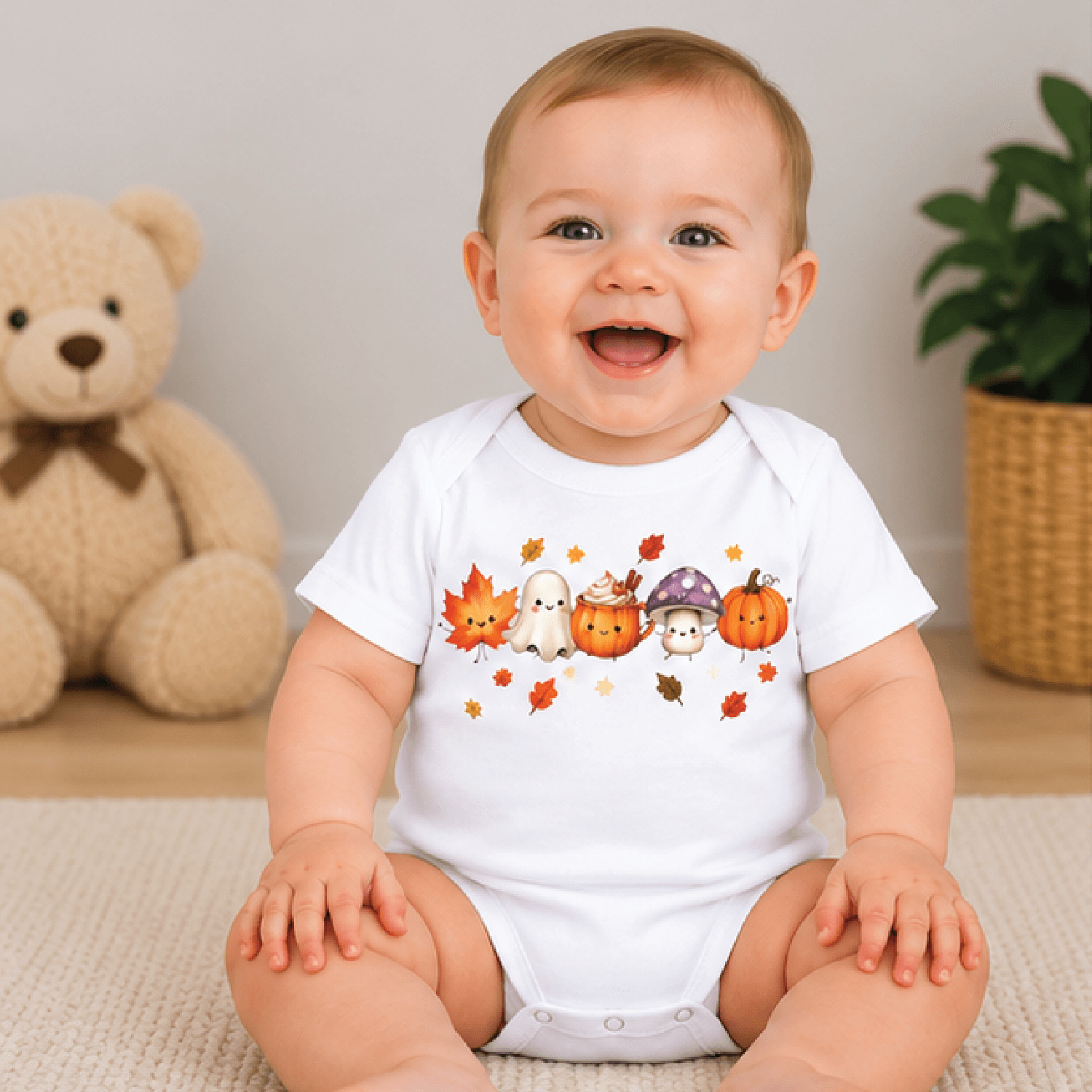 retro fall vibes kids t-shirt, smiling ghost pumpkin latte toddler tee, cute autumn shirt, fall baby romper