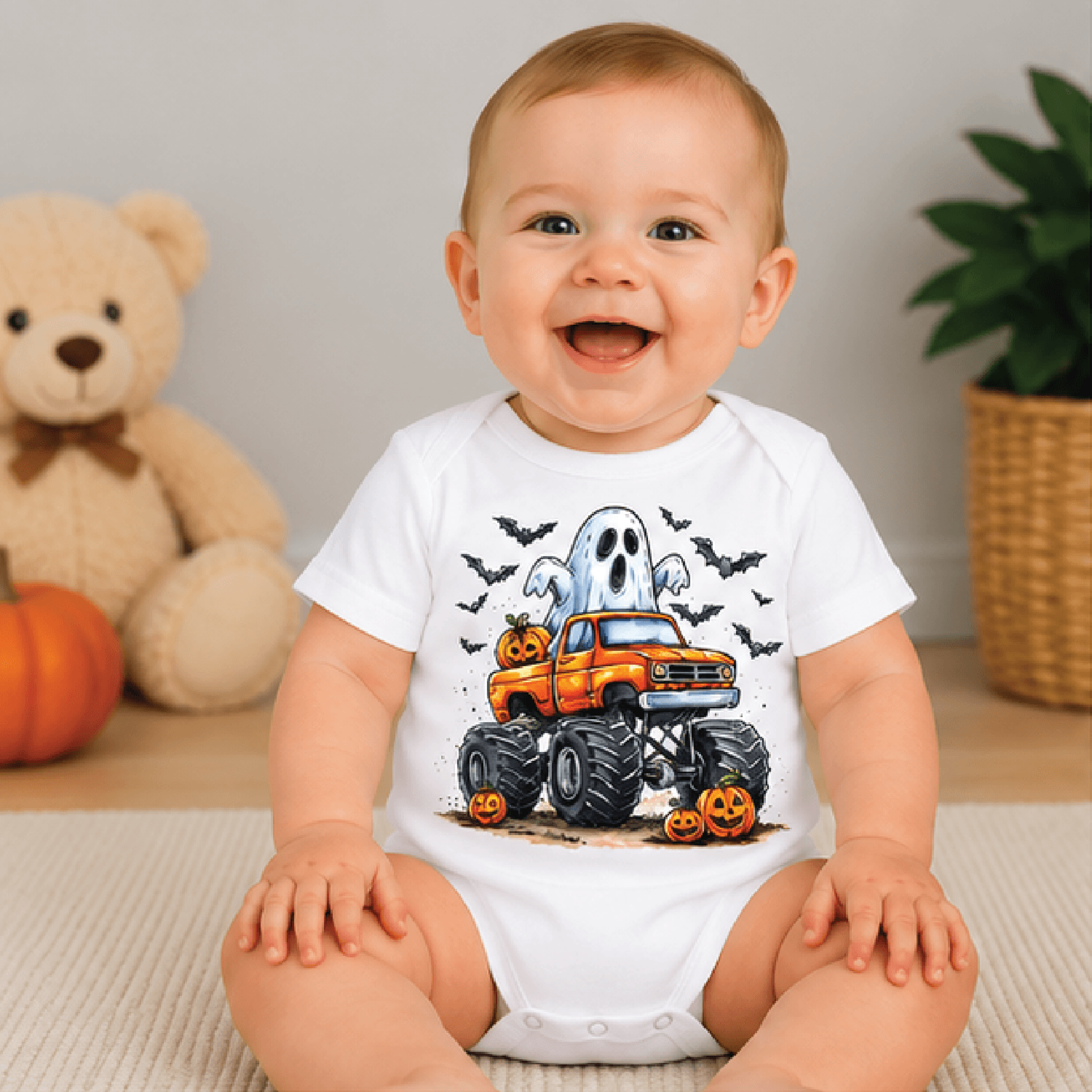 ghost monster truck halloween kids t-shirt, pumpkin truck toddler tee, spooky boys shirt, cute halloween baby romper