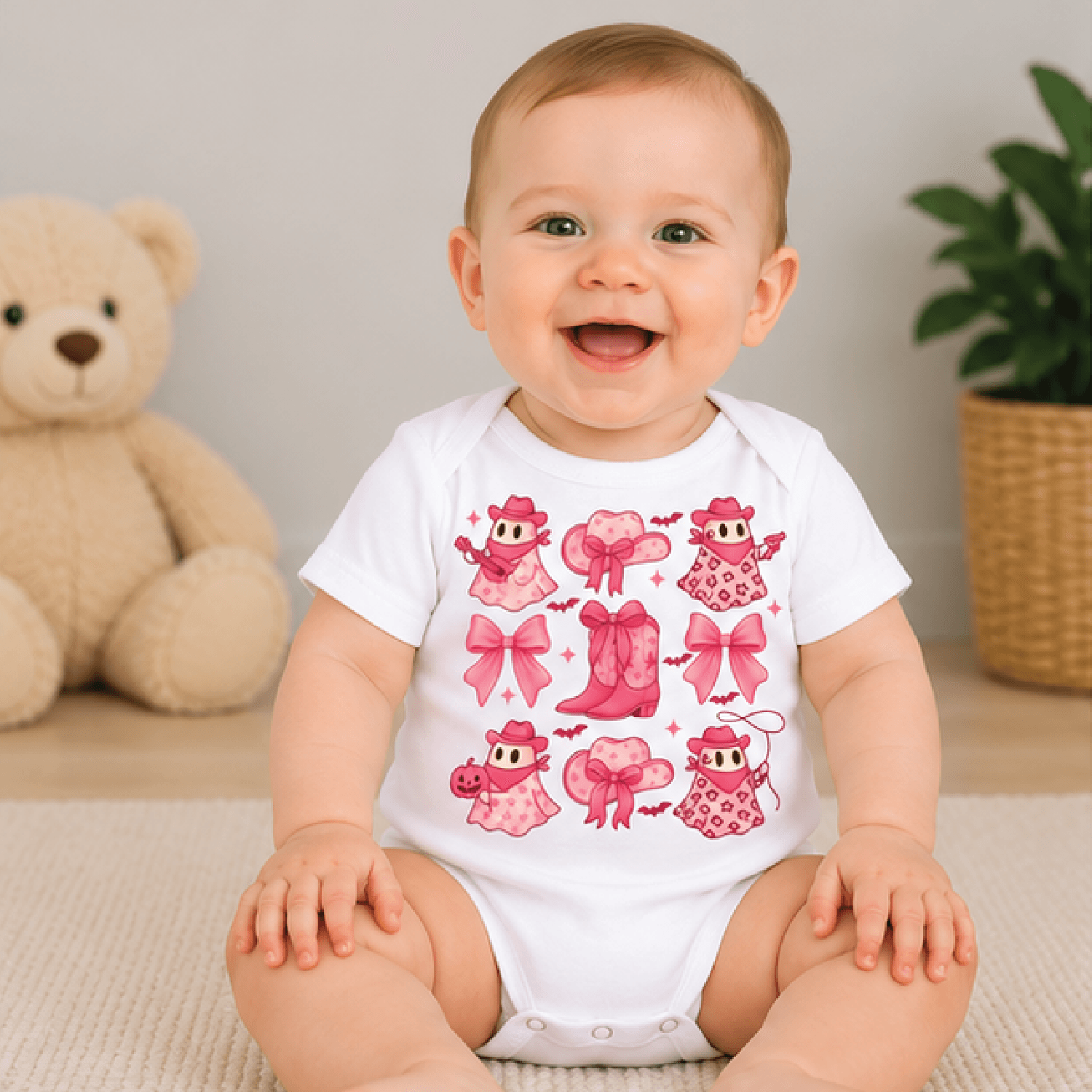 coquette cowboy ghost girls t-shirt, pink bow western halloween toddler tee, cute spooky cowgirl shirt, baby romper
