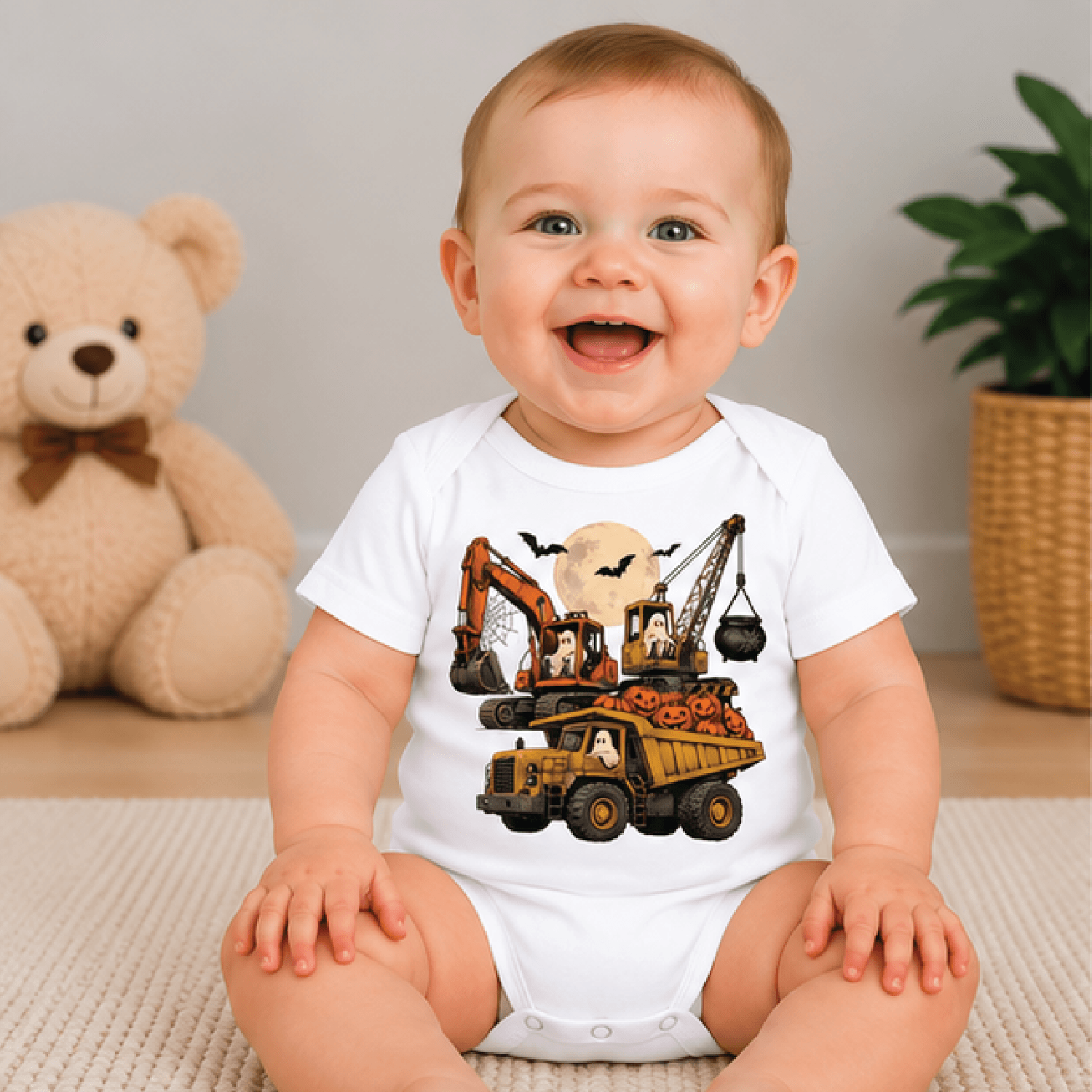ghost excavator halloween kids t-shirt, construction truck toddler tee, pumpkin digger shirt, spooky baby romper
