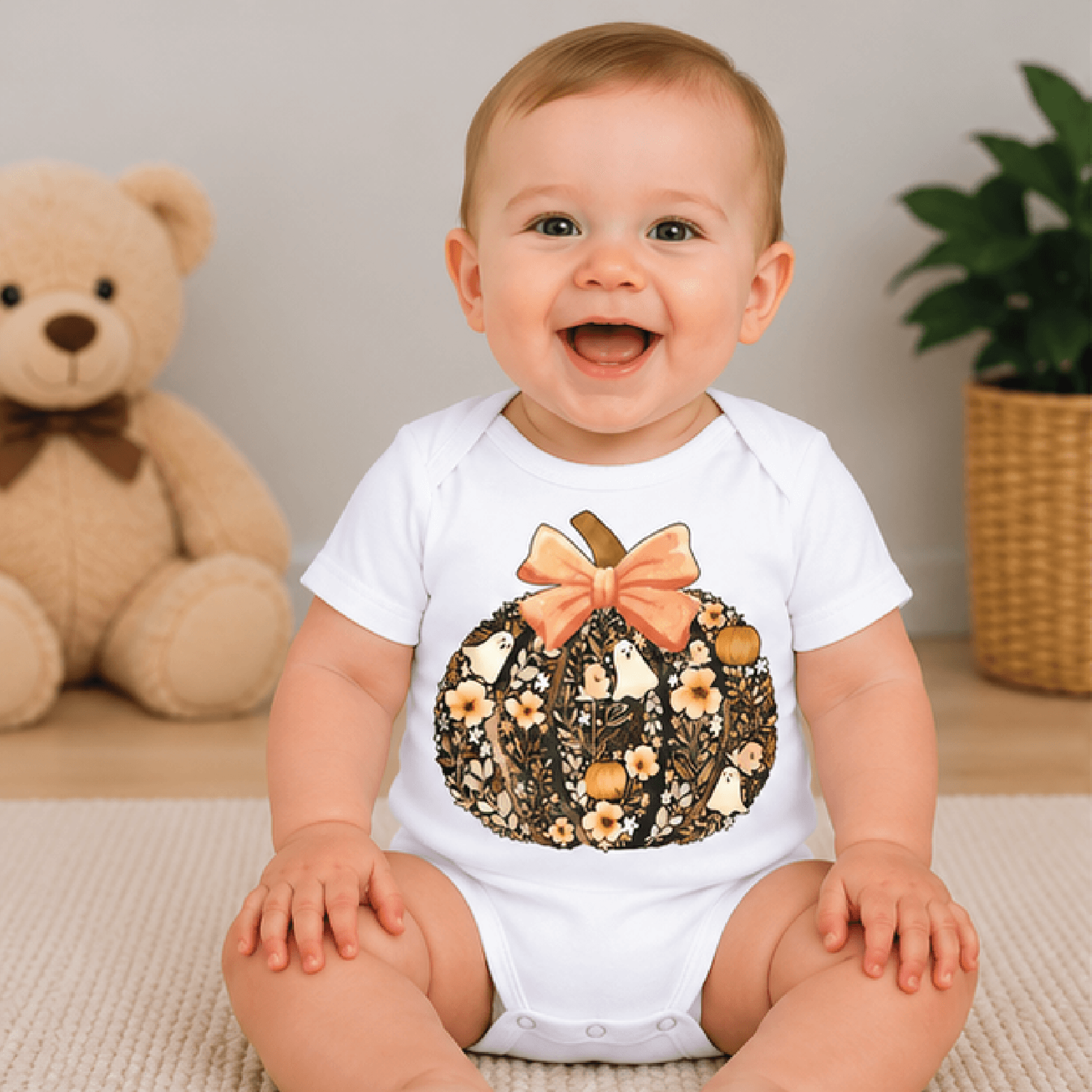 coquette bow pumpkin kids t-shirt, floral ghost pumpkin toddler tee, cute halloween girls shirt, fall baby romper