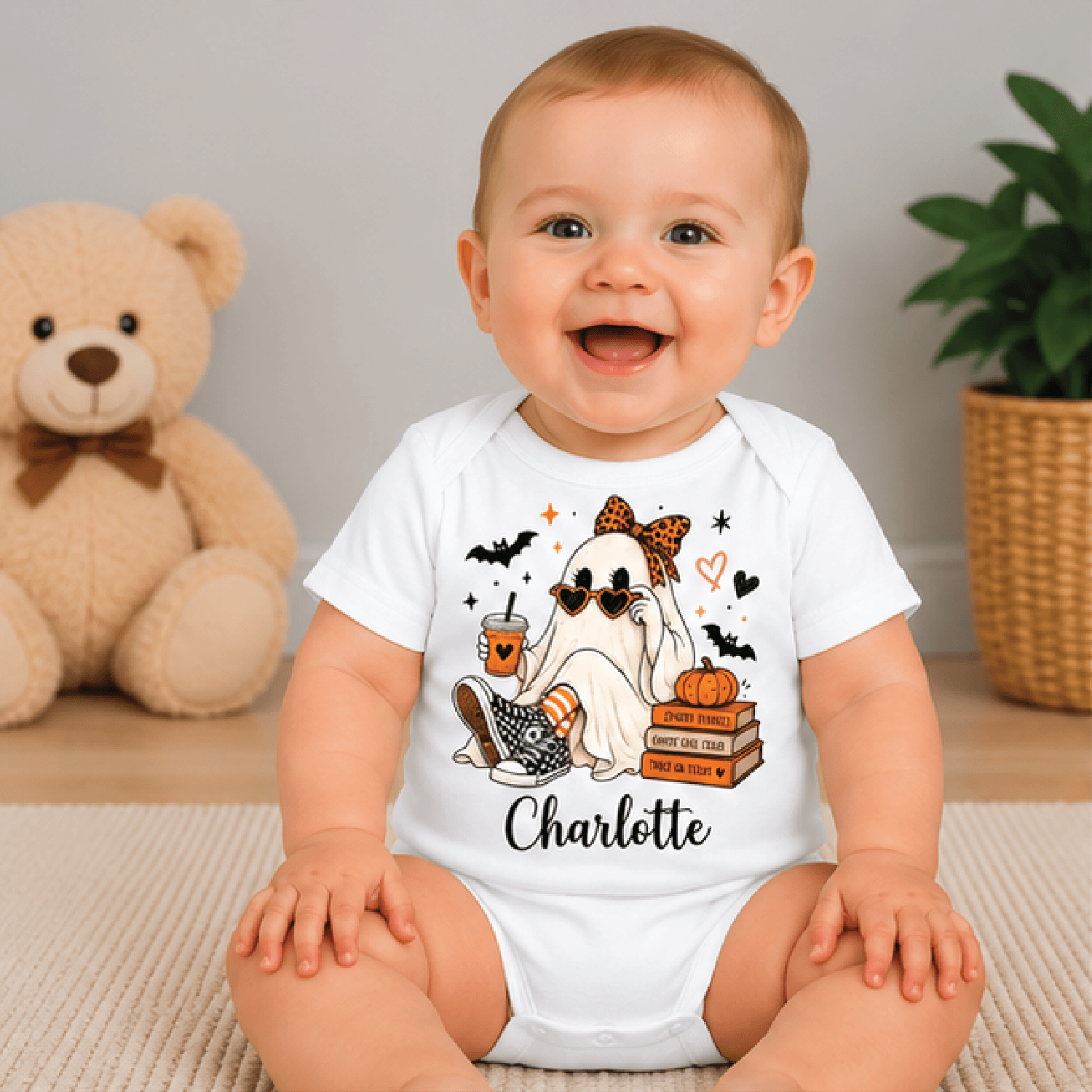 personalized coquette ghost kids t-shirt, custom name pink bow toddler tee, ghost girl halloween shirt, baby romper