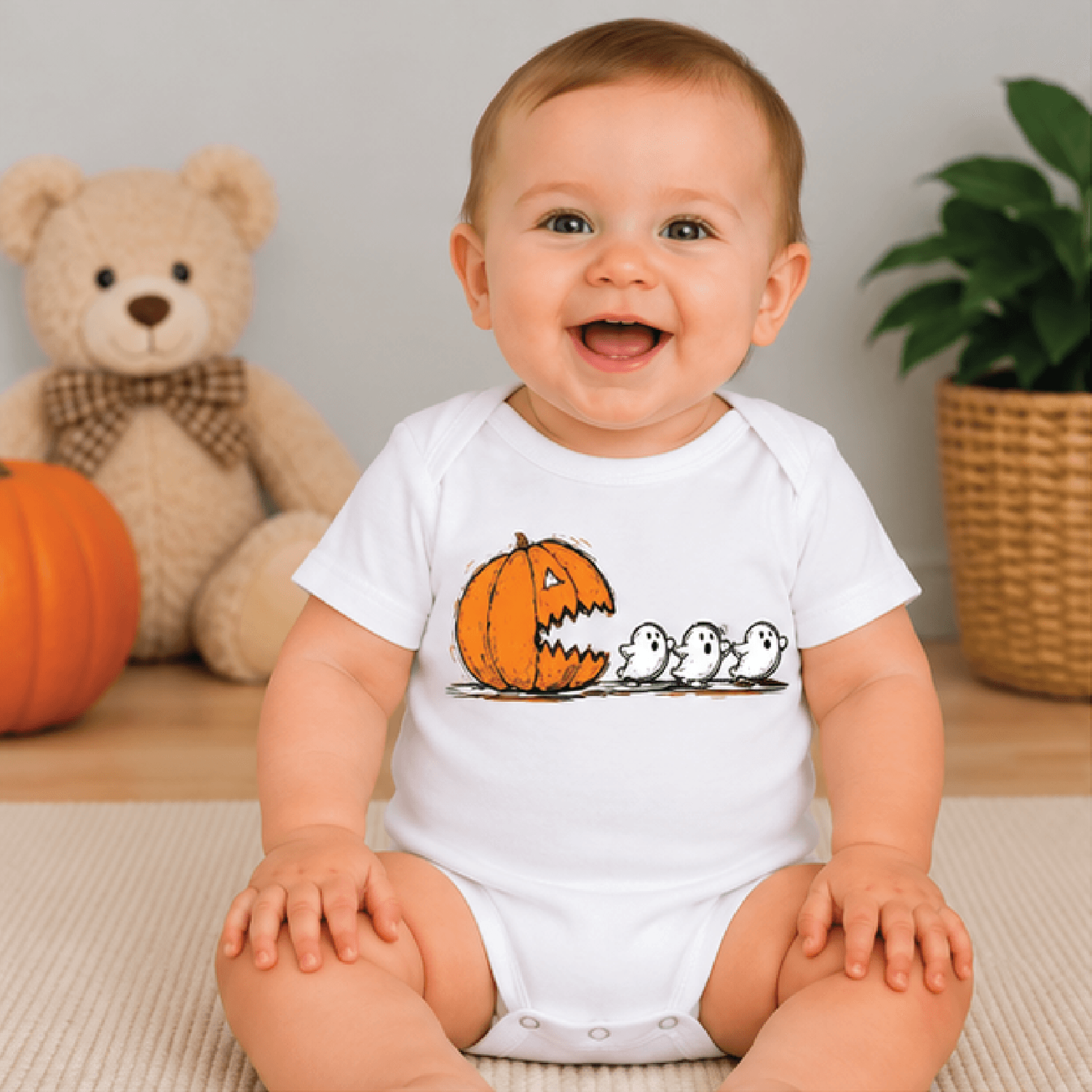 pumpkin chasing ghosts halloween kids t-shirt, funny jack o lantern toddler tee, spooky season shirt, baby romper